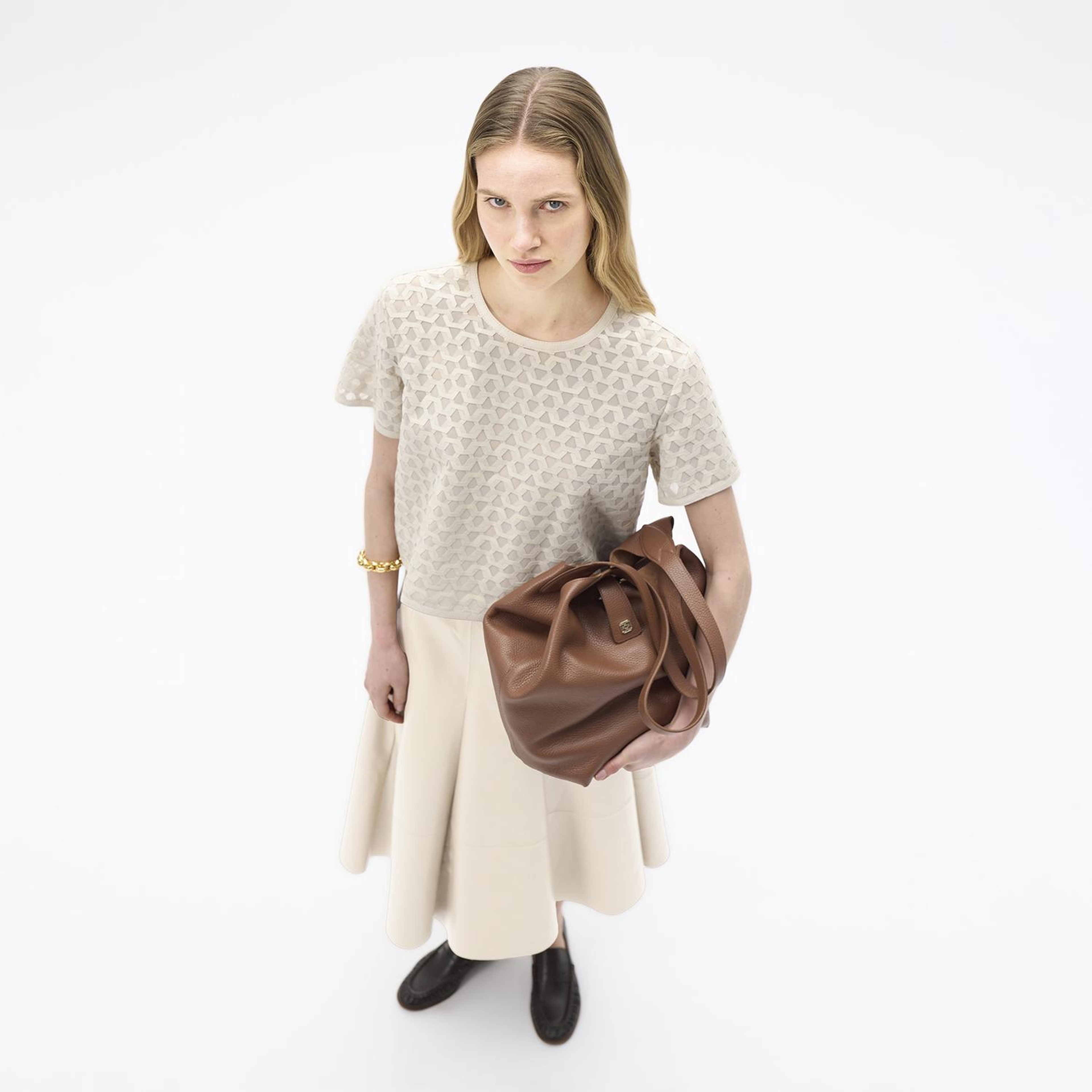 Kadın Beyaz Deri Detaylı Bluz