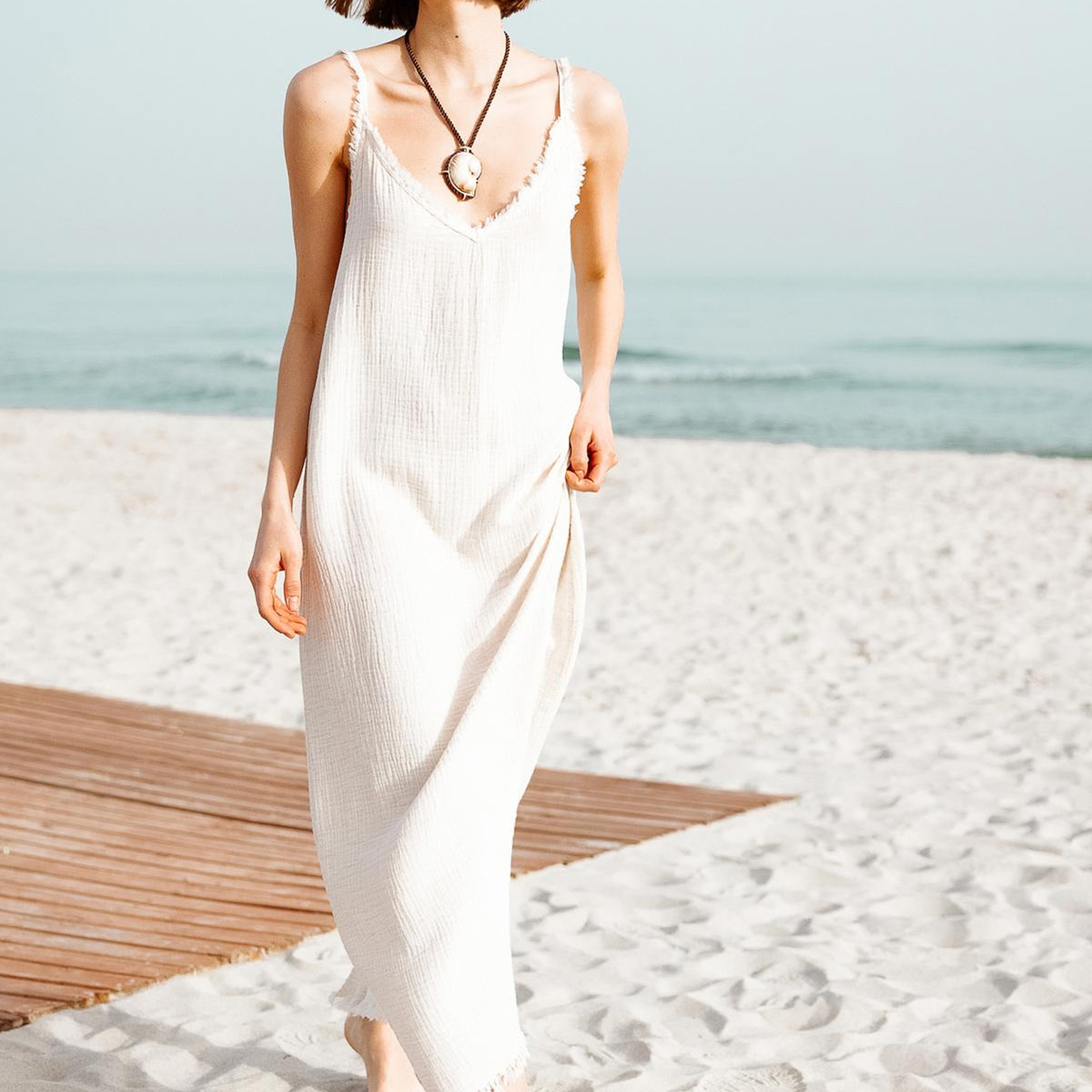 İKİKIZ Crinkle Linen İp Askılı Elbise Kadın Naturel