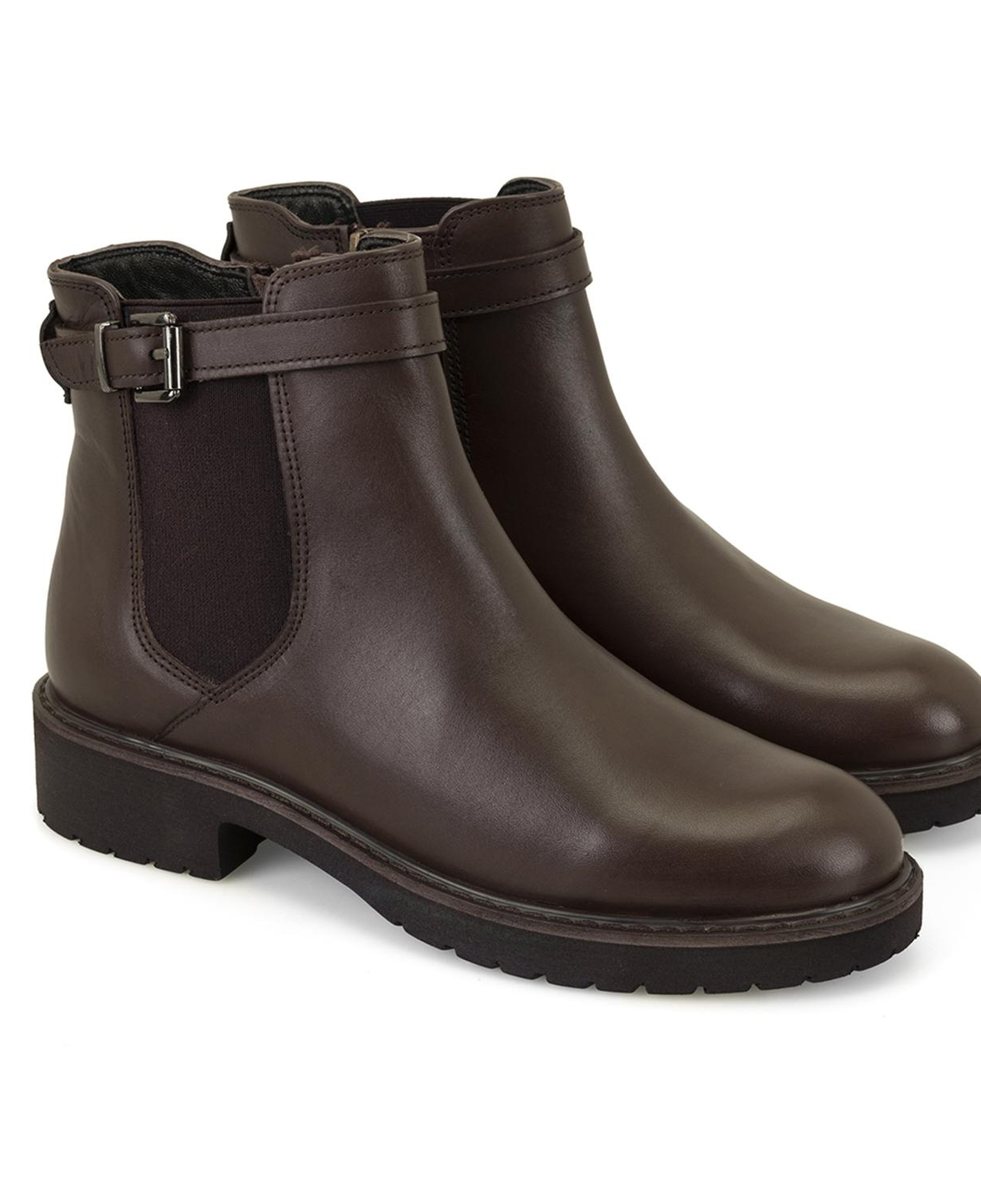 Kadın Kemer Aksesuarlı Kahve Lastikli Deri Chelsea Bot