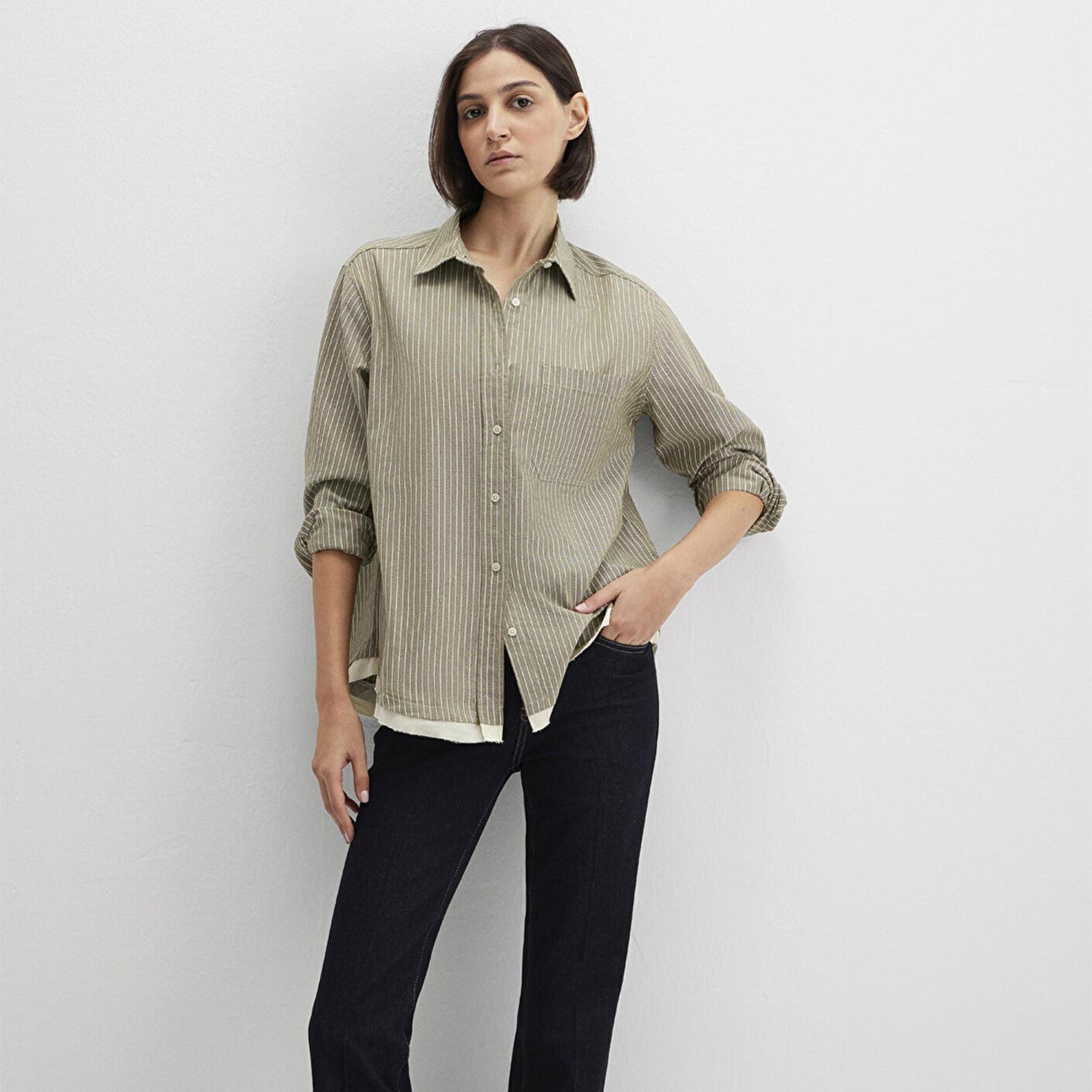 Mavi Çizgili Haki Gömlek Loose Fit / Bol Rahat Kesim 1211372-91369