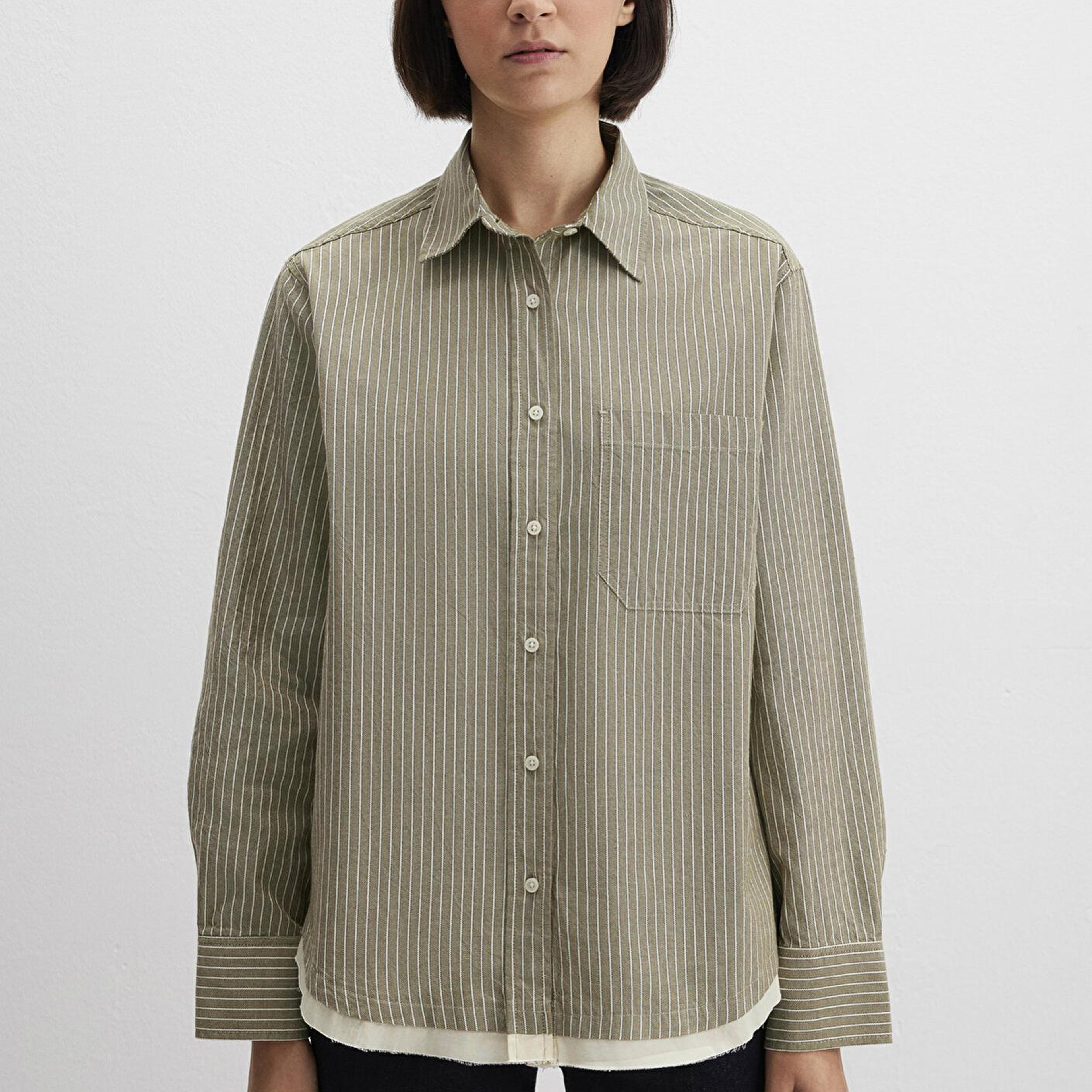 Mavi Çizgili Haki Gömlek Loose Fit / Bol Rahat Kesim 1211372-91369