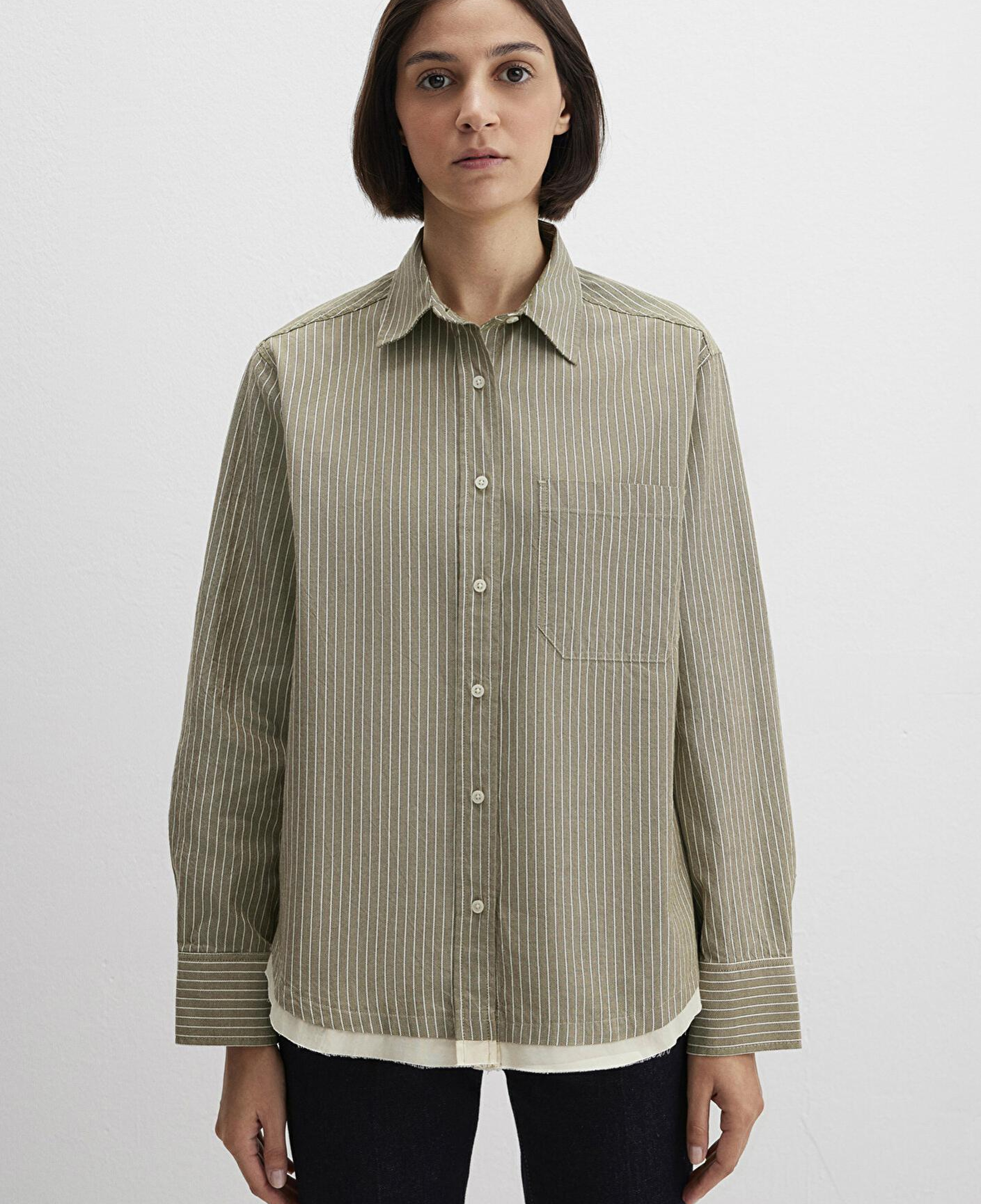 Mavi Çizgili Haki Gömlek Loose Fit / Bol Rahat Kesim 1211372-91369