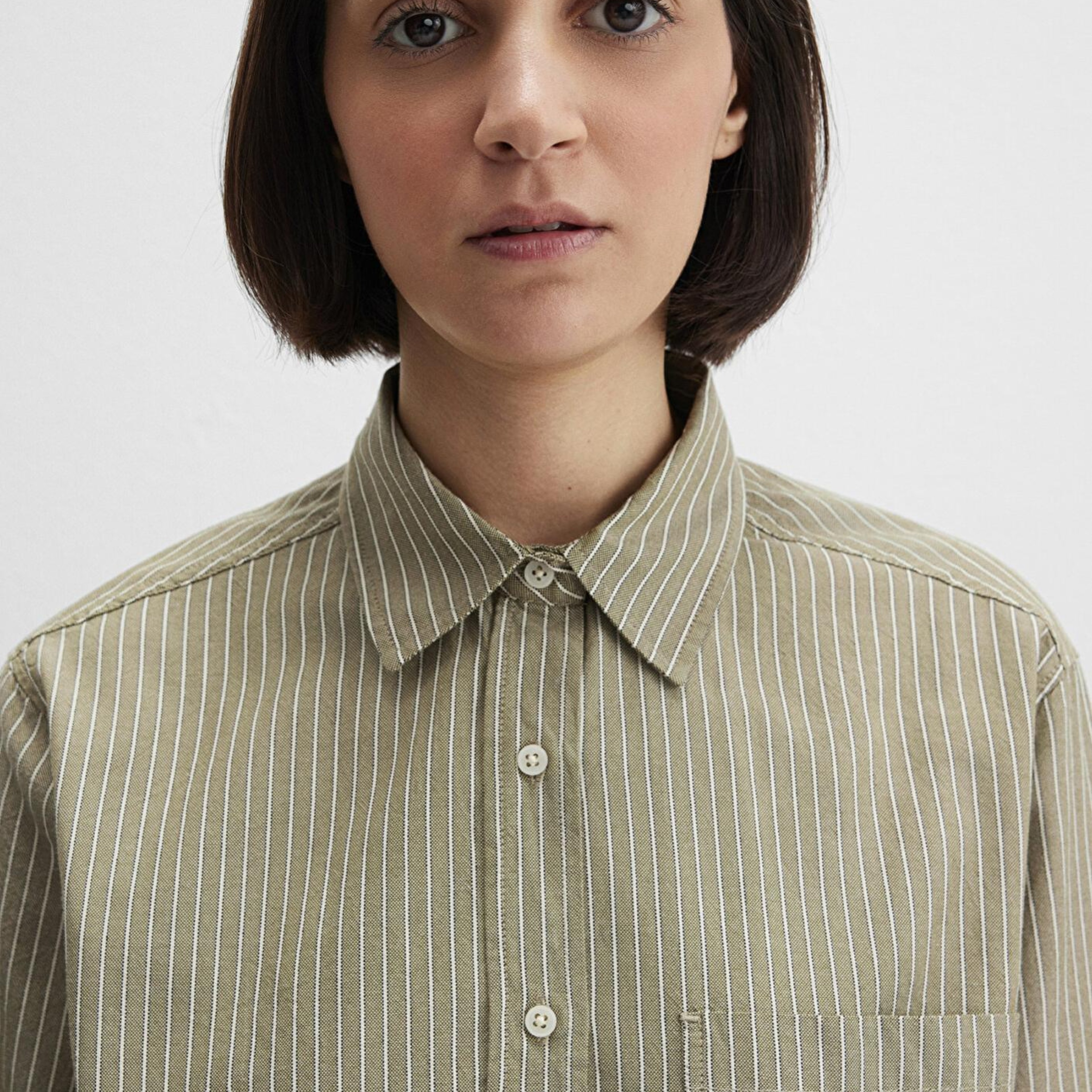 Mavi Çizgili Haki Gömlek Loose Fit / Bol Rahat Kesim 1211372-91369
