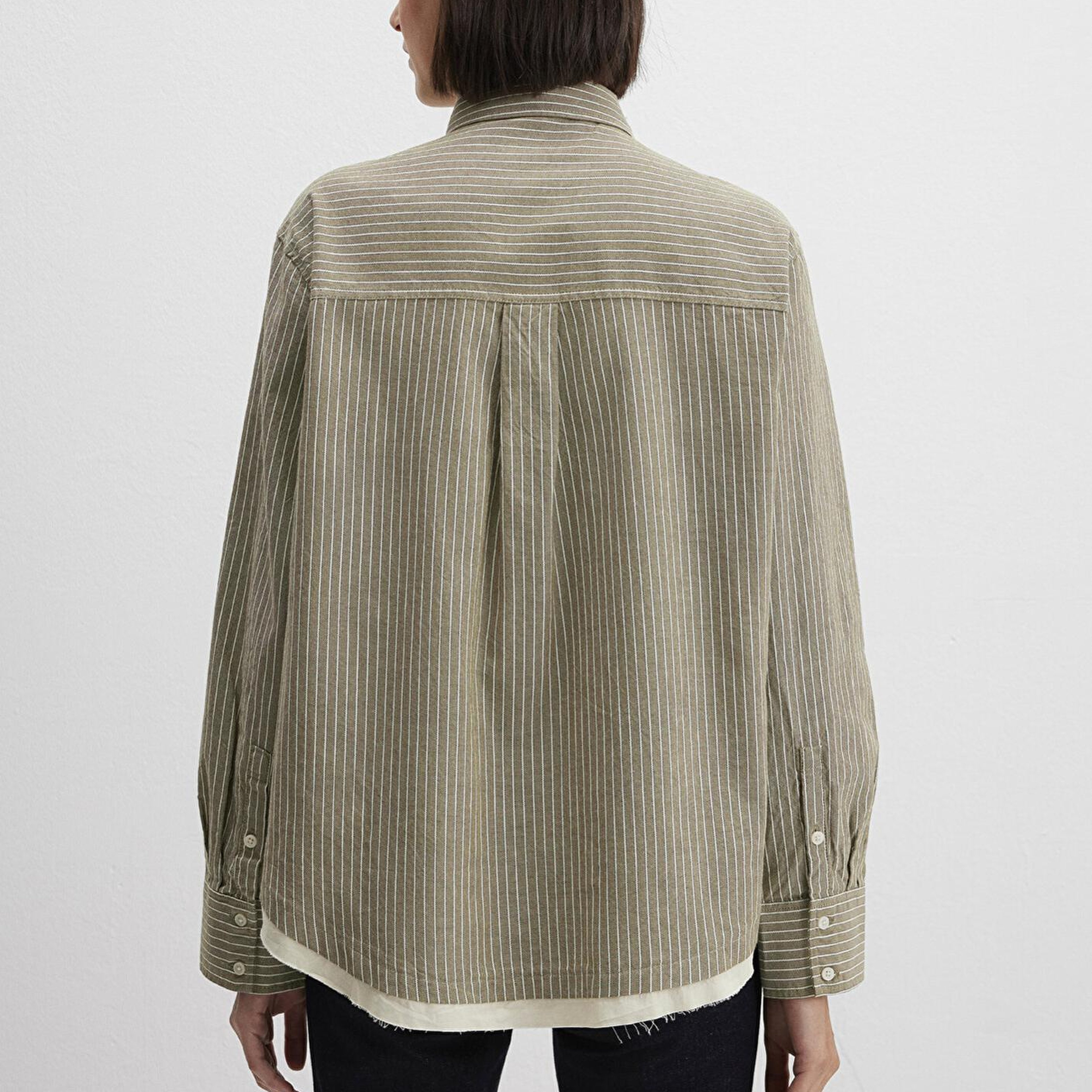 Mavi Çizgili Haki Gömlek Loose Fit / Bol Rahat Kesim 1211372-91369