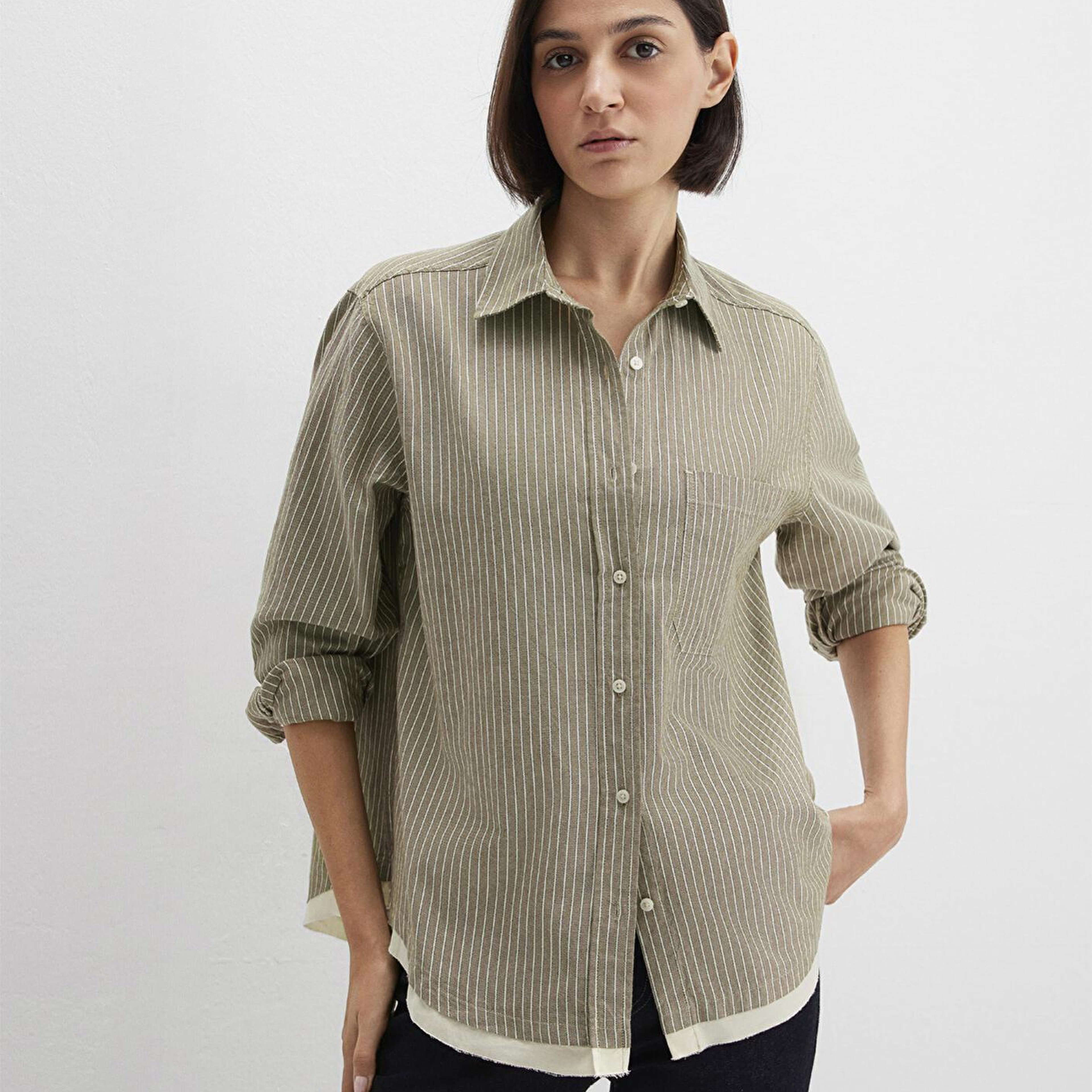Mavi Çizgili Haki Gömlek Loose Fit / Bol Rahat Kesim 1211372-91369