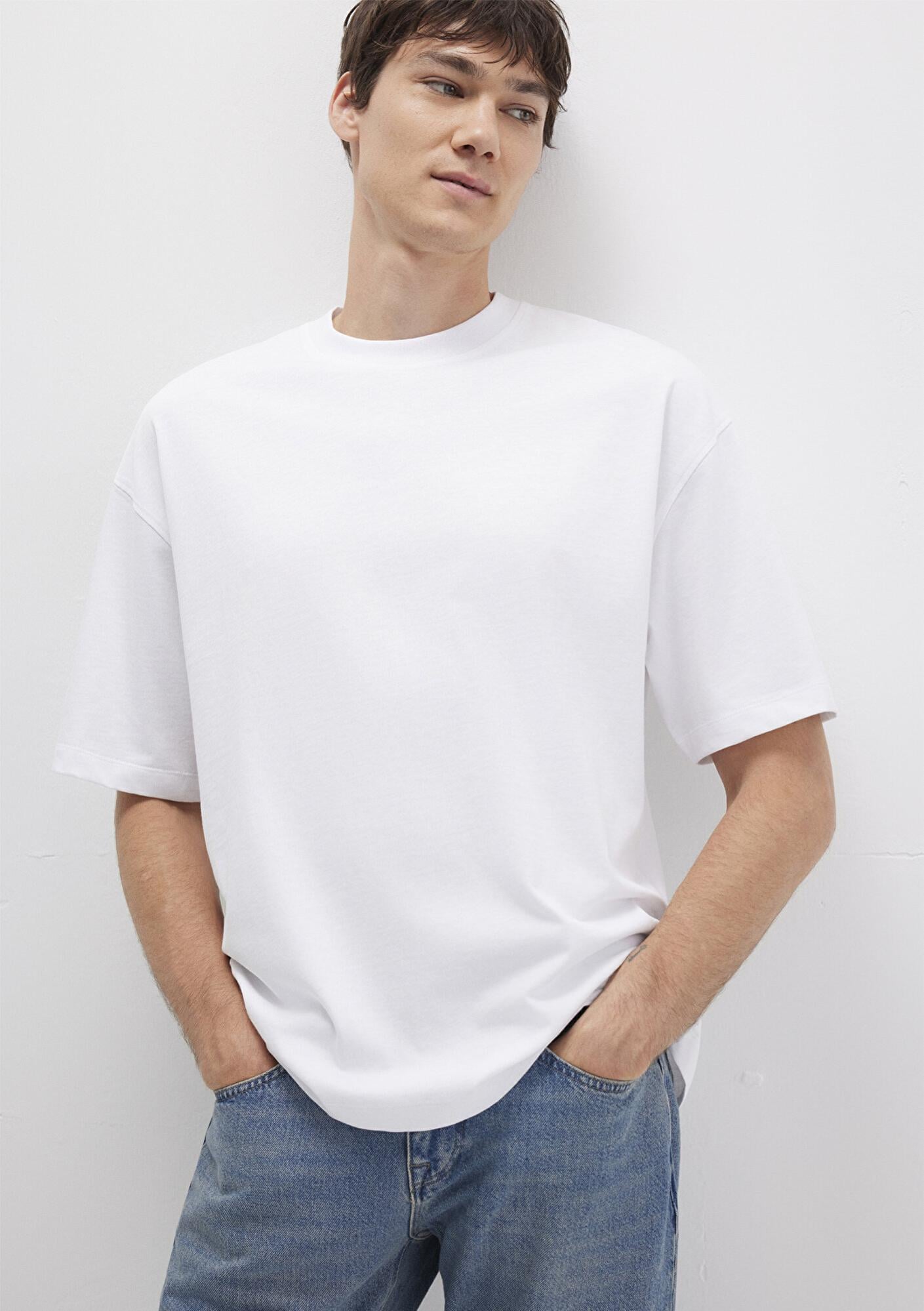 Mavi Bisiklet Yaka Beyaz Basic Tişört Oversize / Geniş Kesim 0613113-620