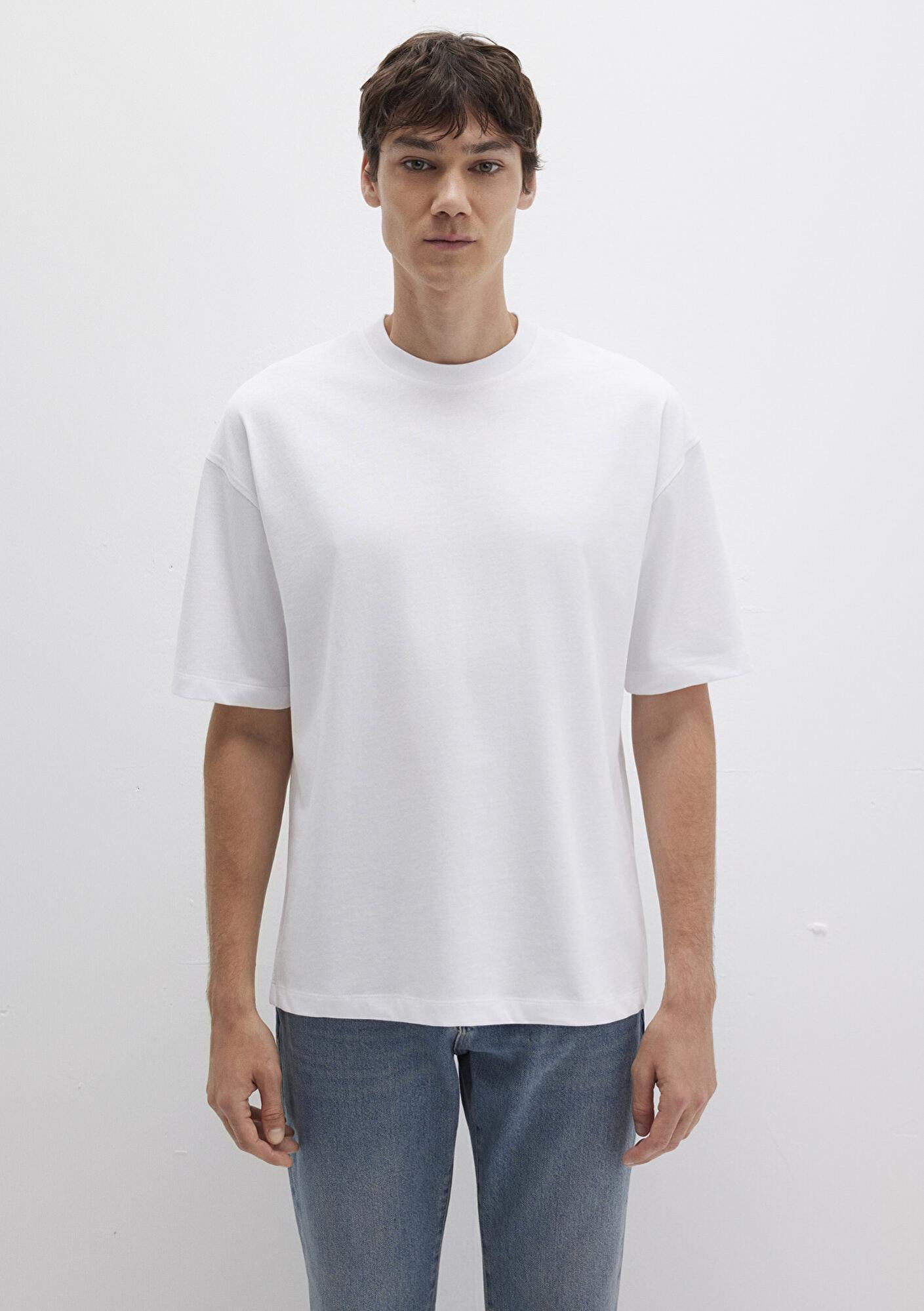 Mavi Bisiklet Yaka Beyaz Basic Tişört Oversize / Geniş Kesim 0613113-620