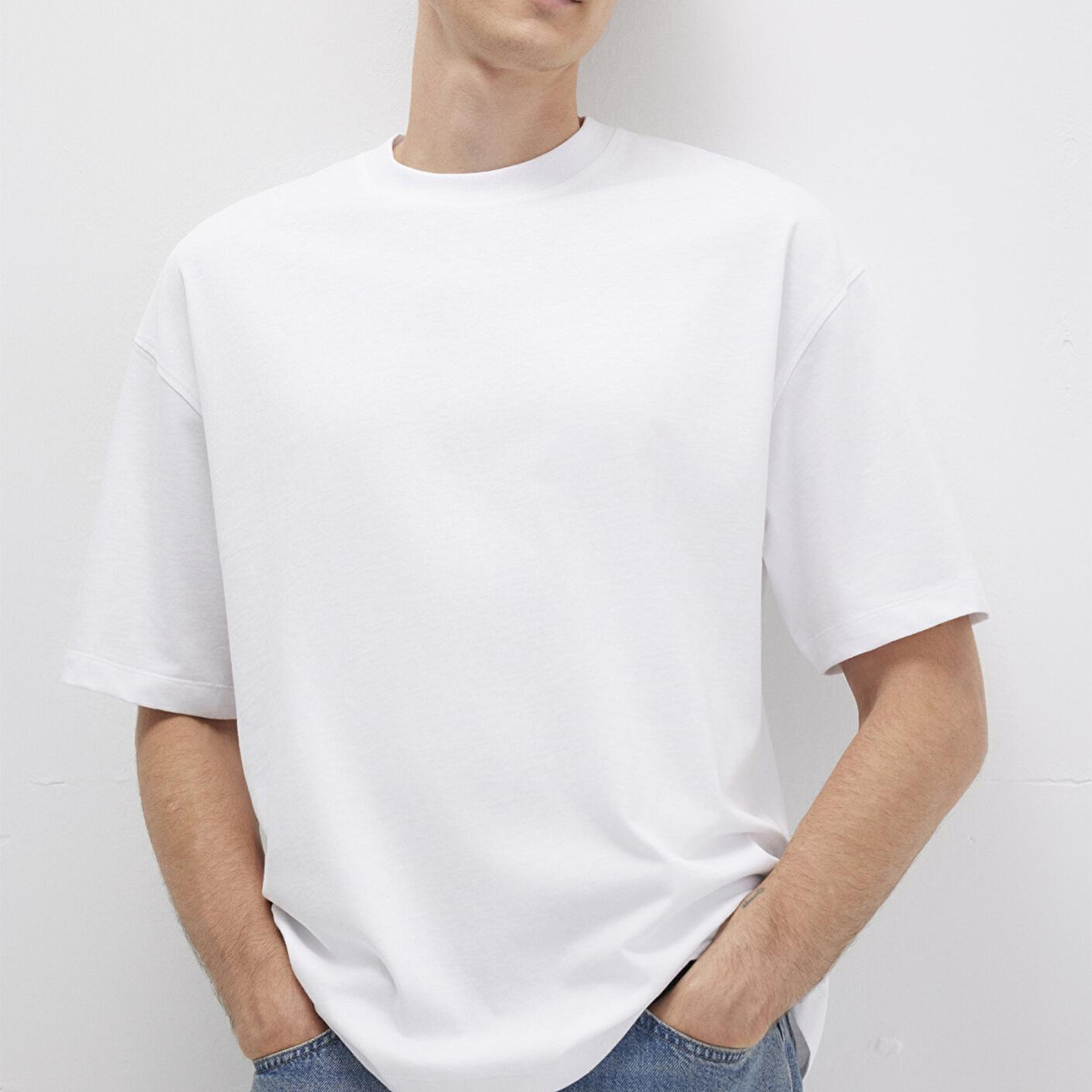 Mavi Bisiklet Yaka Beyaz Basic Tişört Oversize / Geniş Kesim 0613113-620