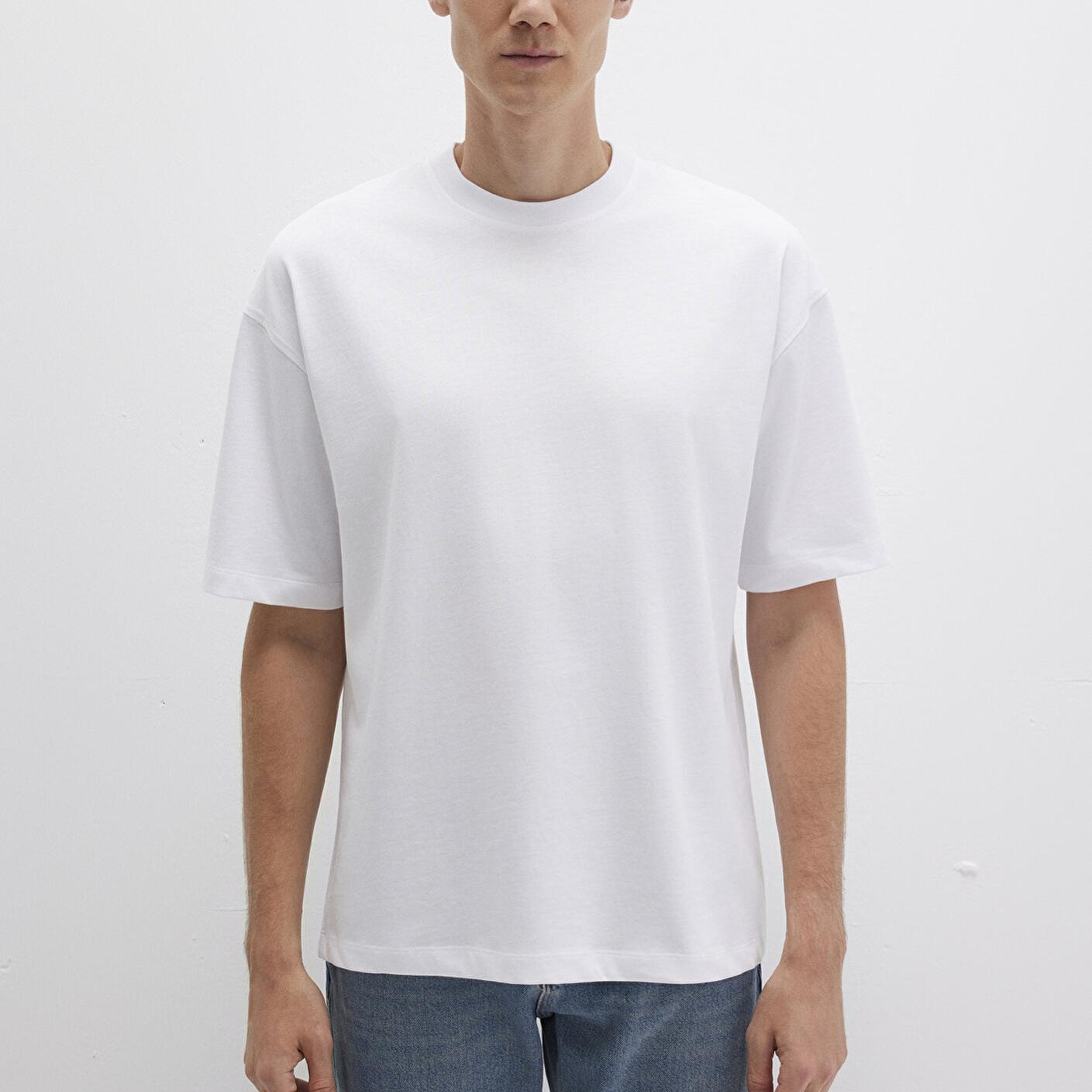 Mavi Bisiklet Yaka Beyaz Basic Tişört Oversize / Geniş Kesim 0613113-620