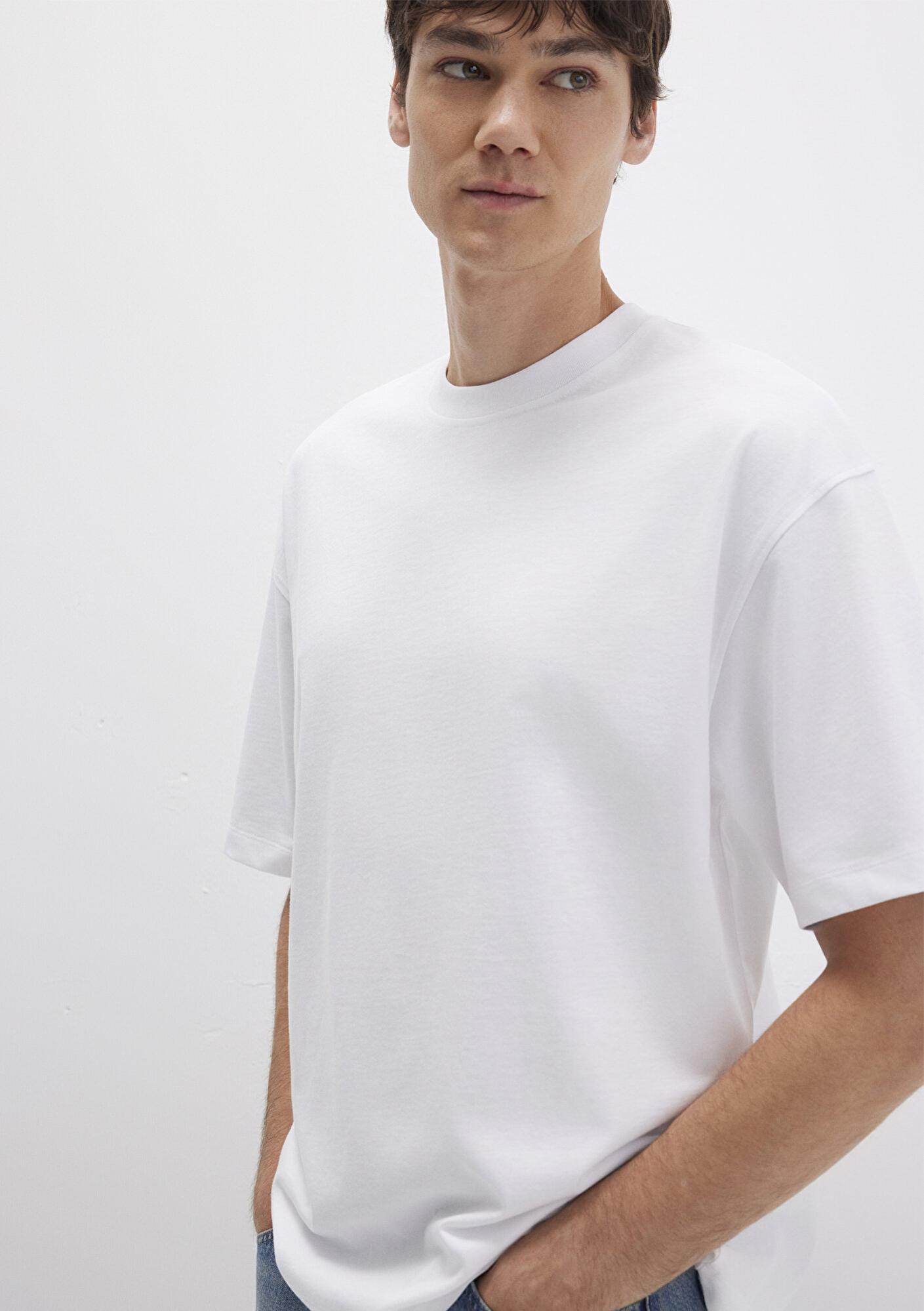 Mavi Bisiklet Yaka Beyaz Basic Tişört Oversize / Geniş Kesim 0613113-620