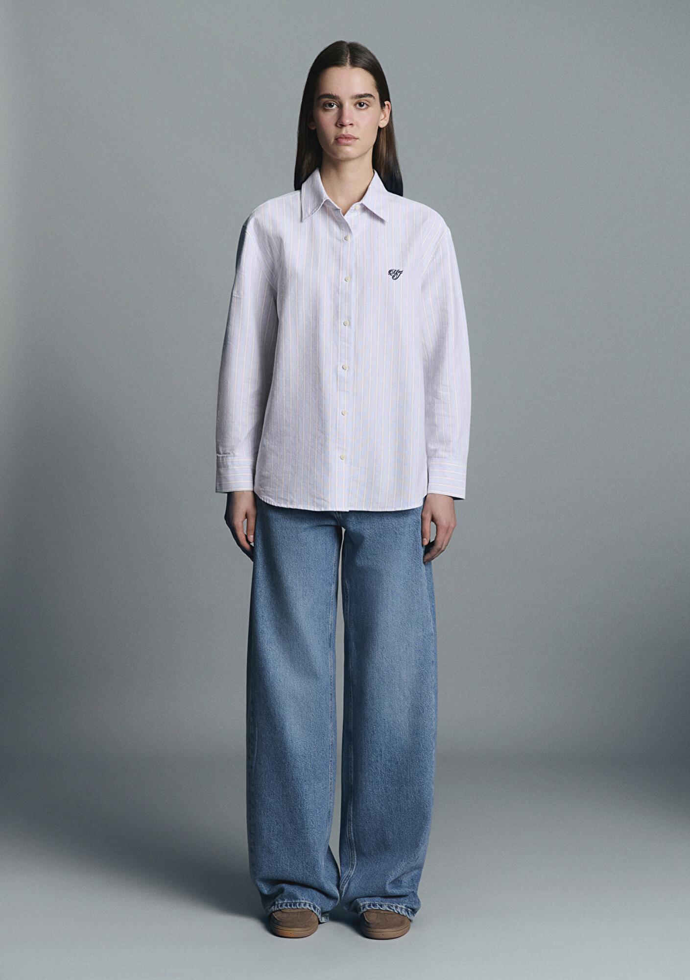 Mavi Mavi Çizgili Gömlek Loose Fit / Bol Rahat Kesim 1211420-91460