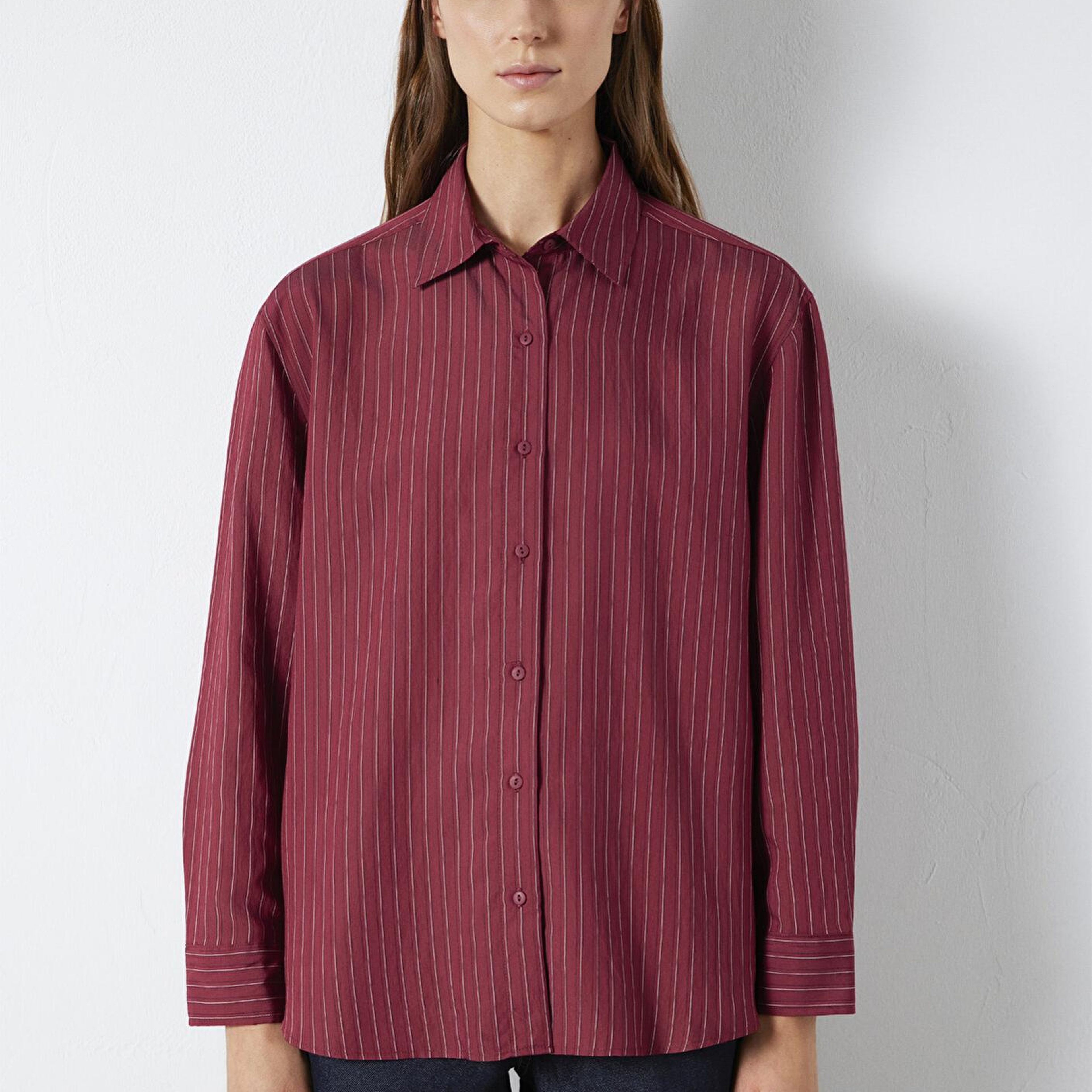 Mavi Çizgili Bordo Gömlek Loose Fit / Bol Rahat Kesim 1210683-91379