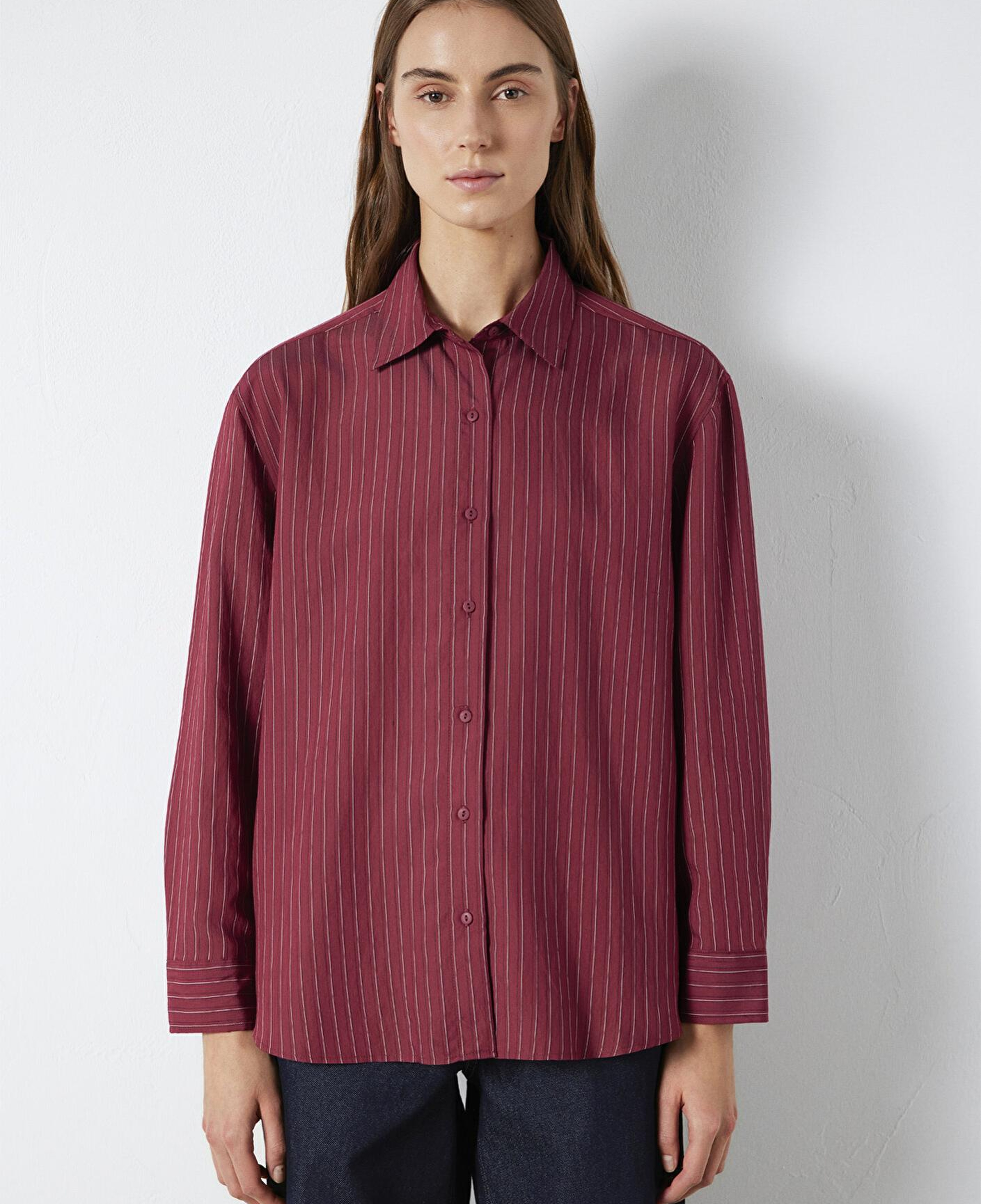 Mavi Çizgili Bordo Gömlek Loose Fit / Bol Rahat Kesim 1210683-91379