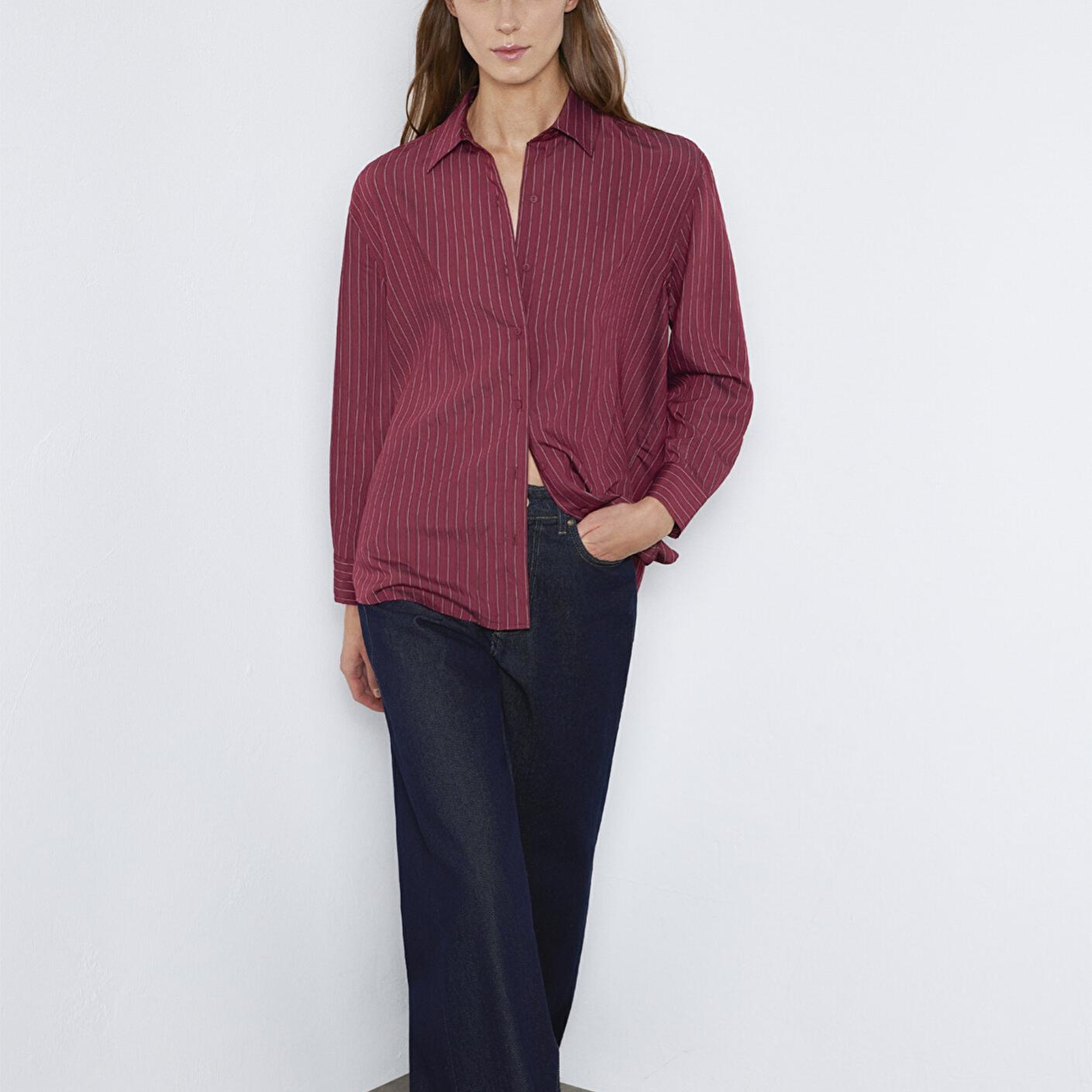 Mavi Çizgili Bordo Gömlek Loose Fit / Bol Rahat Kesim 1210683-91379