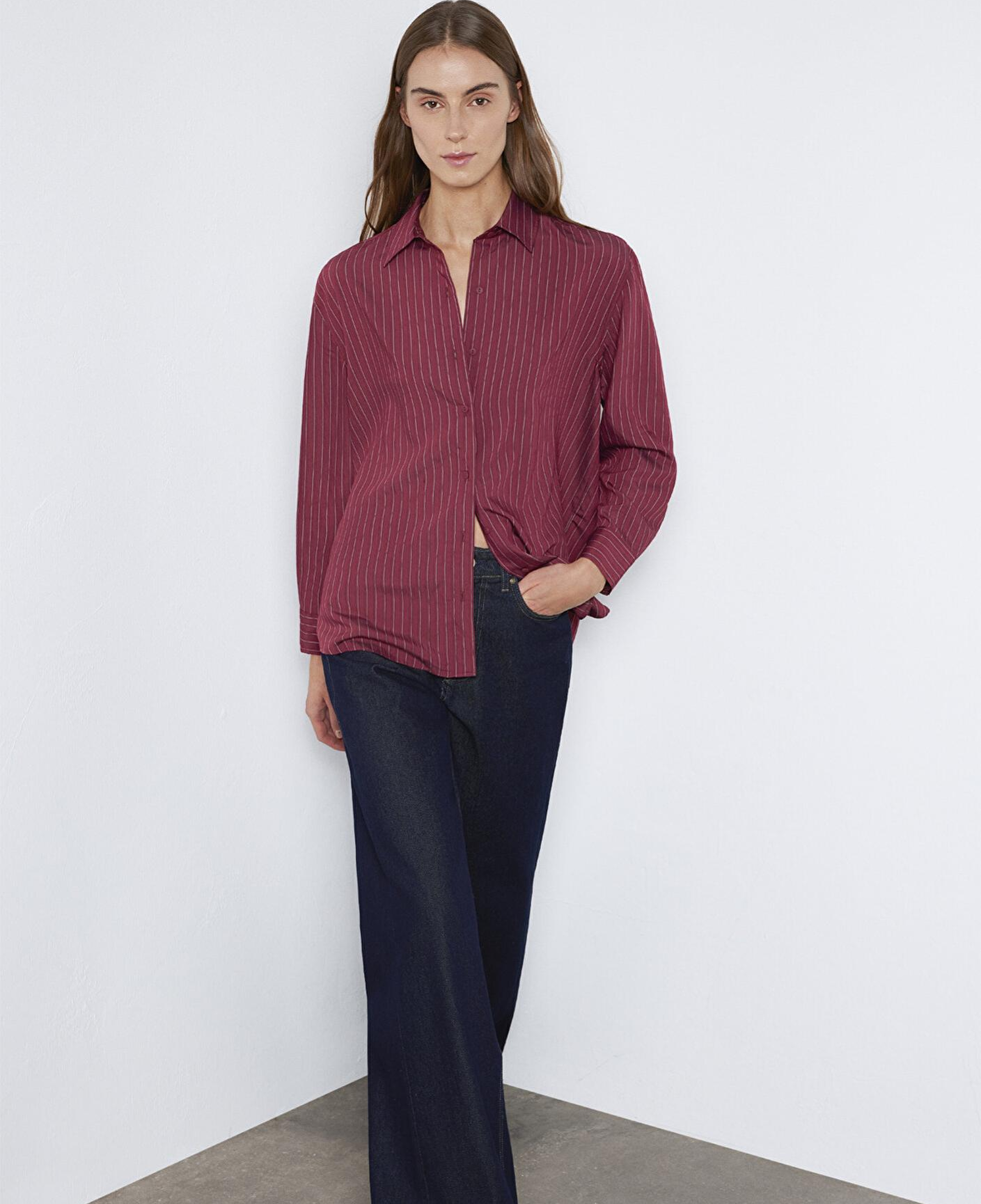 Mavi Çizgili Bordo Gömlek Loose Fit / Bol Rahat Kesim 1210683-91379