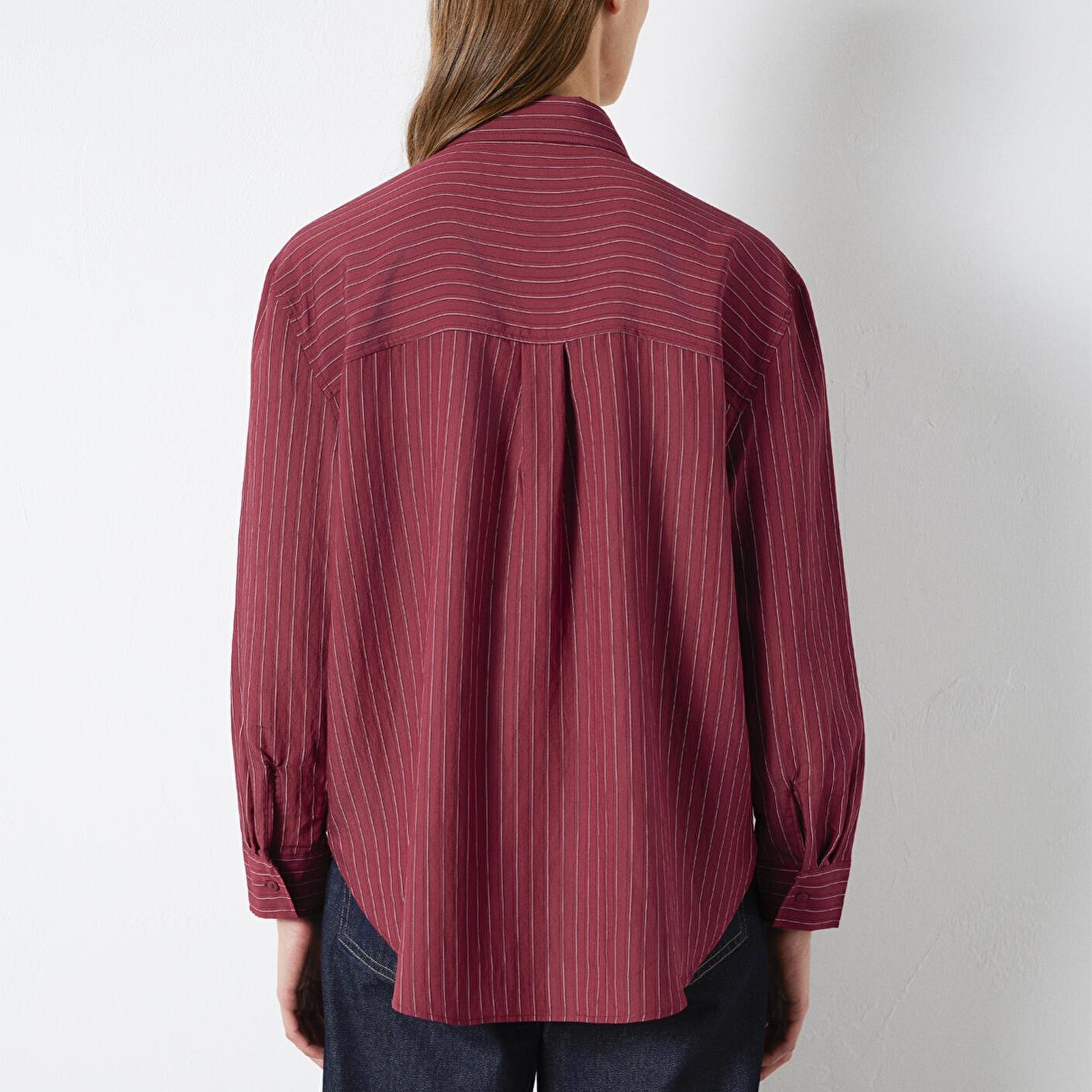 Mavi Çizgili Bordo Gömlek Loose Fit / Bol Rahat Kesim 1210683-91379