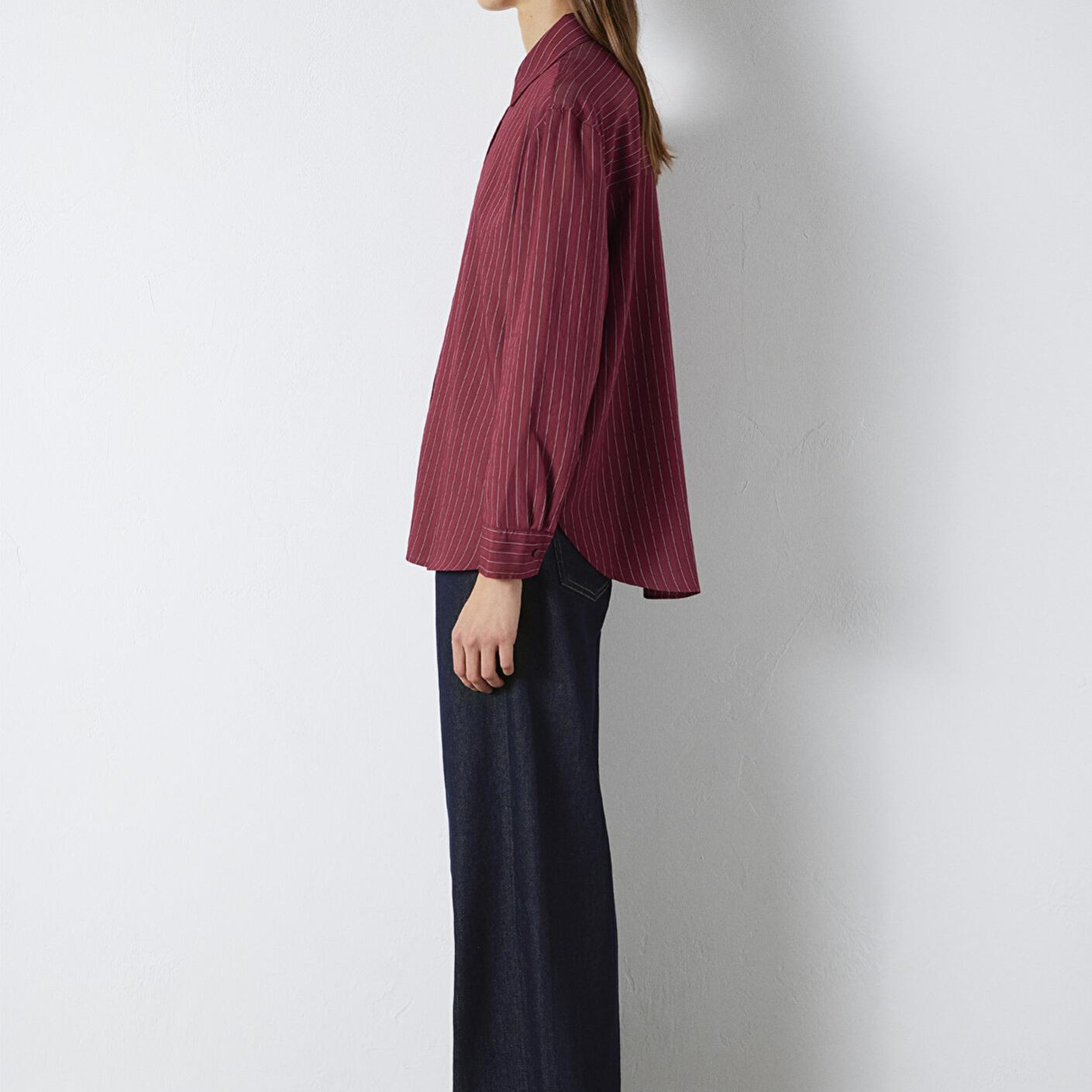 Mavi Çizgili Bordo Gömlek Loose Fit / Bol Rahat Kesim 1210683-91379