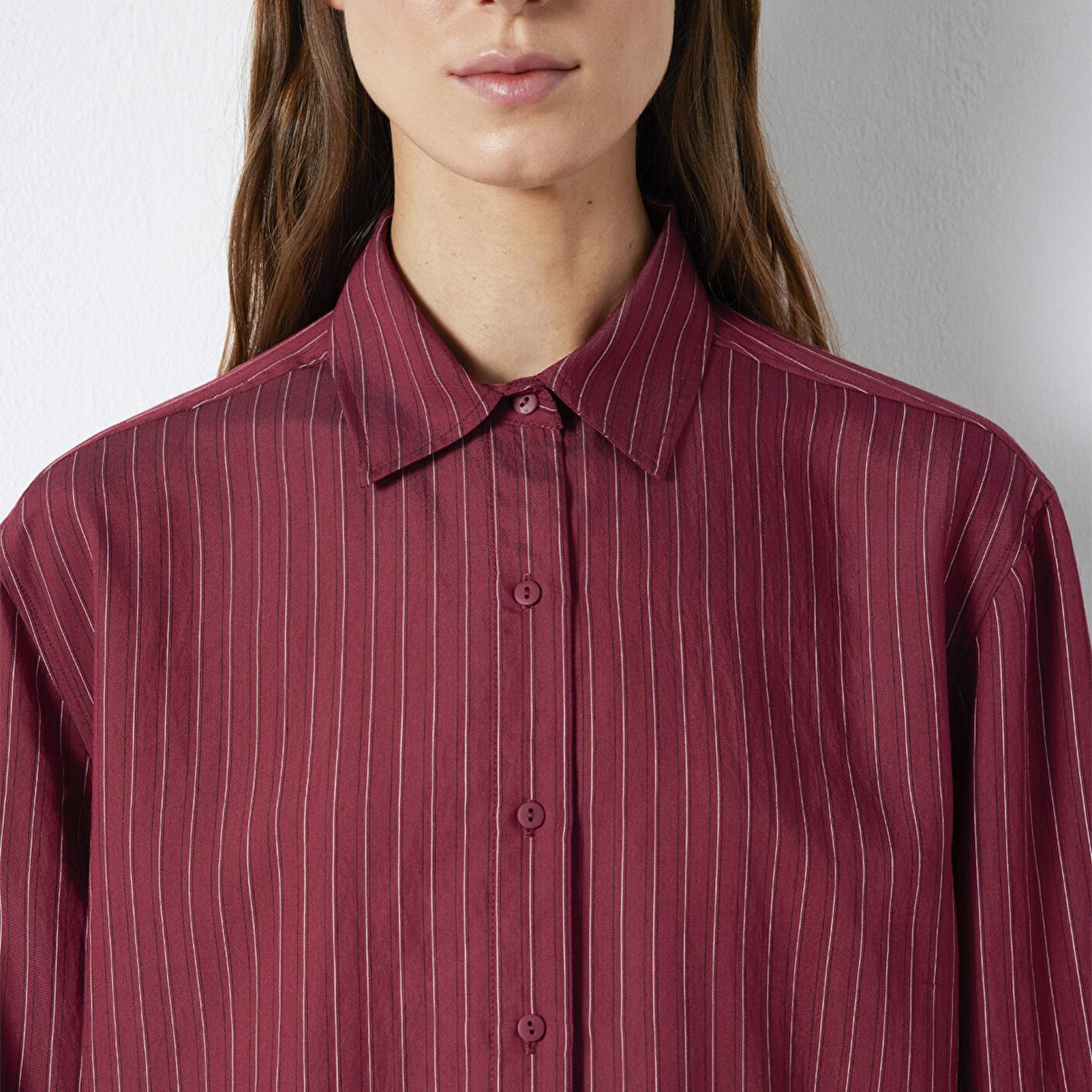 Mavi Çizgili Bordo Gömlek Loose Fit / Bol Rahat Kesim 1210683-91379