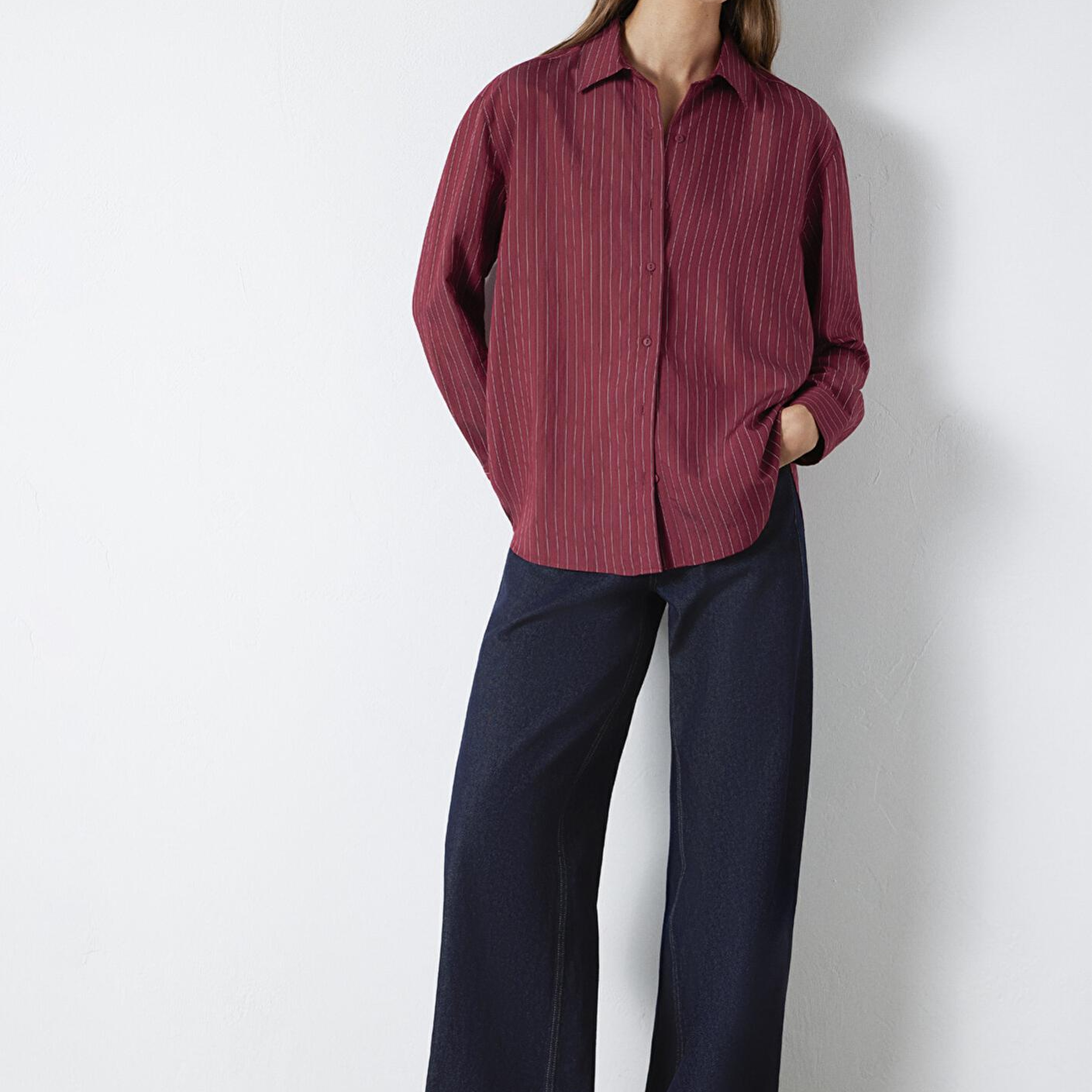 Mavi Çizgili Bordo Gömlek Loose Fit / Bol Rahat Kesim 1210683-91379