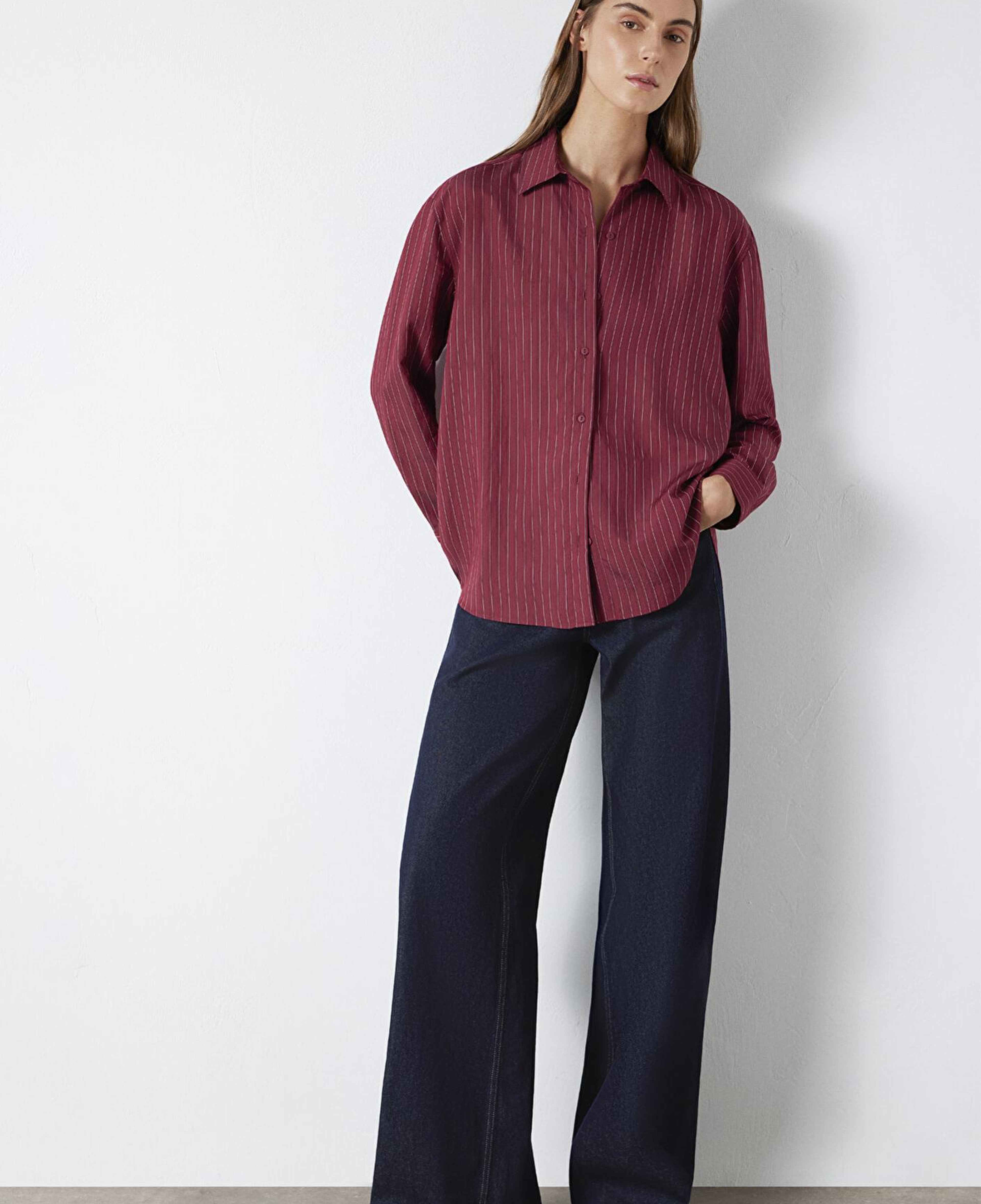 Mavi Çizgili Bordo Gömlek Loose Fit / Bol Rahat Kesim 1210683-91379