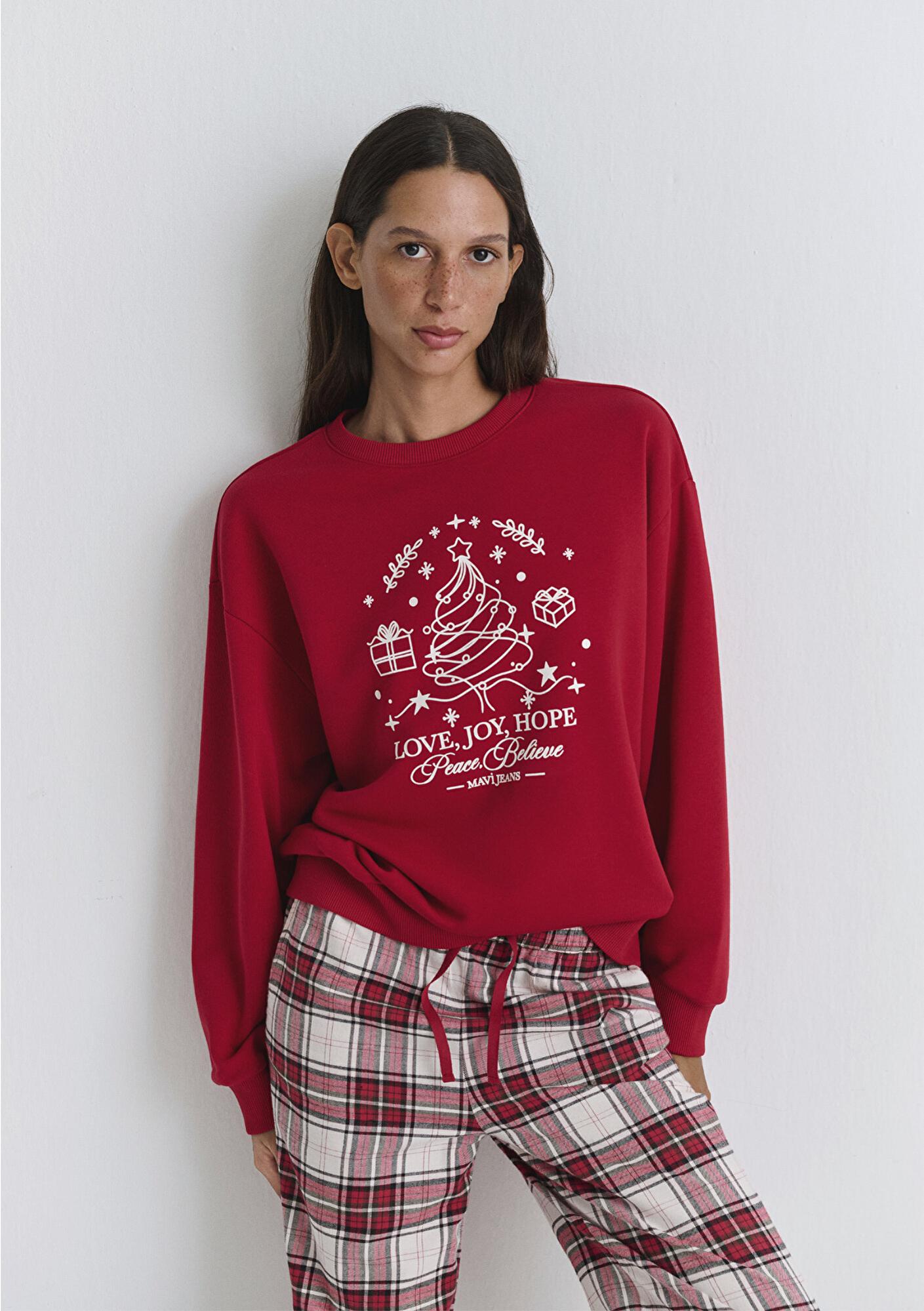 Mavi Yılbaşı Temalı Kırmızı Sweatshirt 1S10507-70390