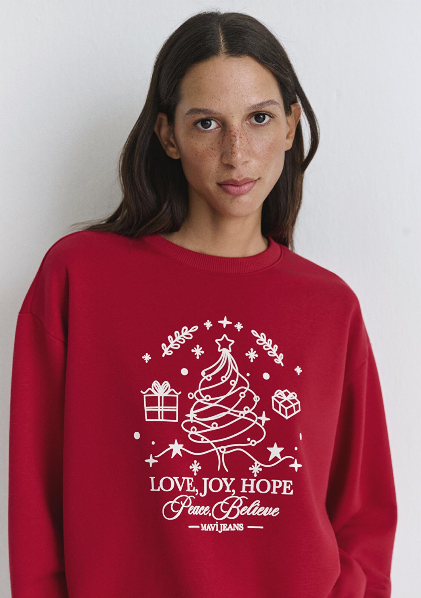 Mavi Yılbaşı Temalı Kırmızı Sweatshirt 1S10507-70390