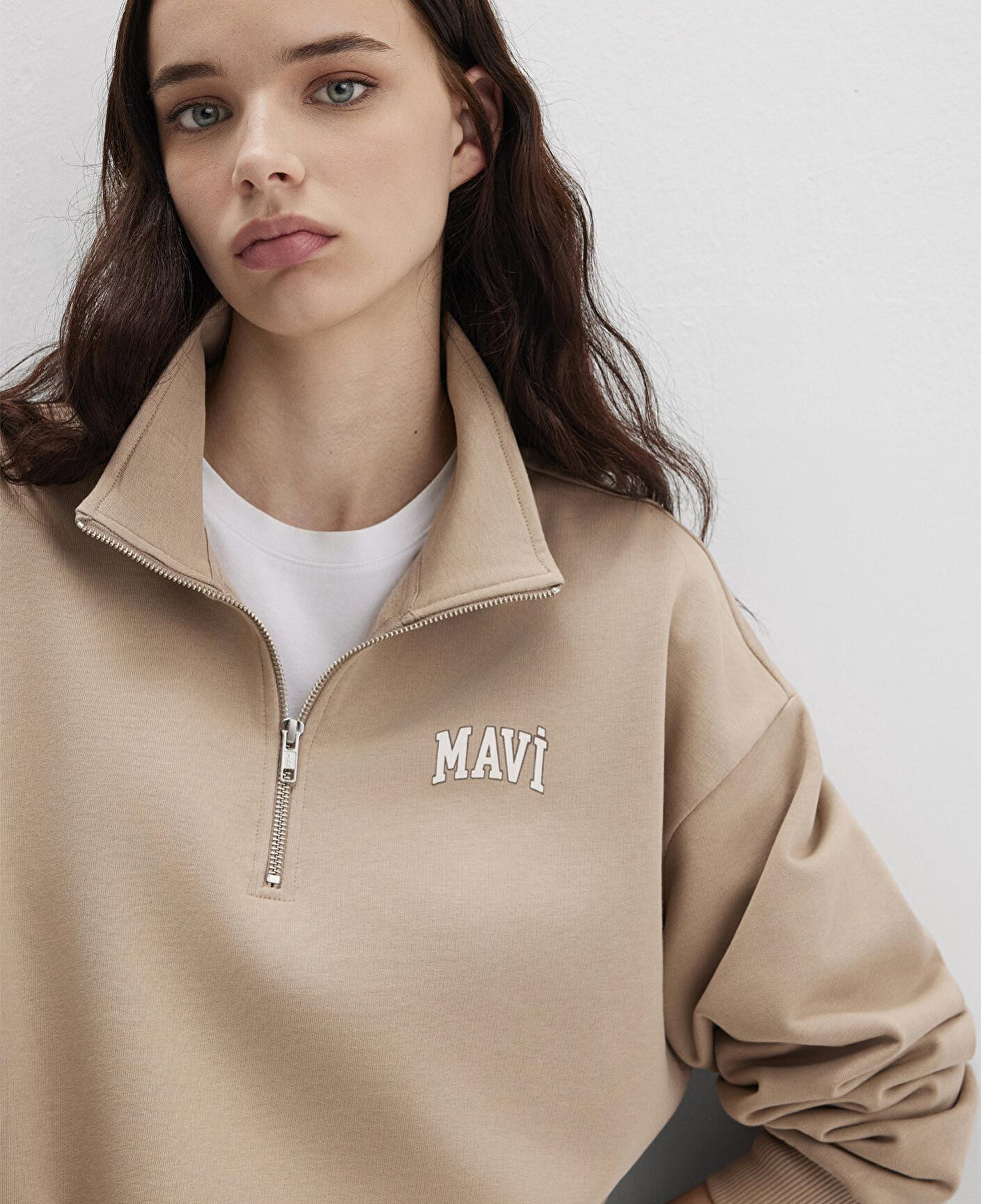 Mavi Mavi Logo Baskılı Bej Sweatshirt 1S10179-70344