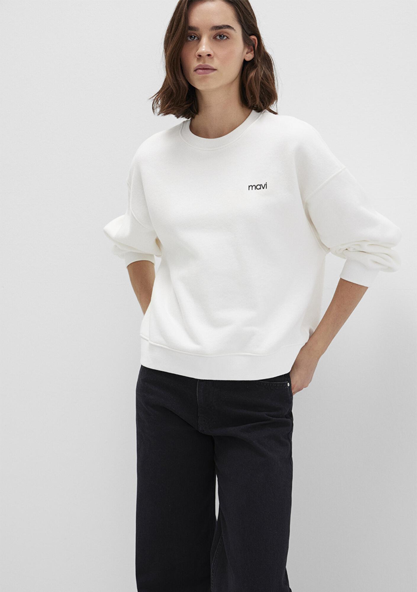 Mavi Mavi Logo Baskılı Ekru Sweatshirt 1S10490-70057