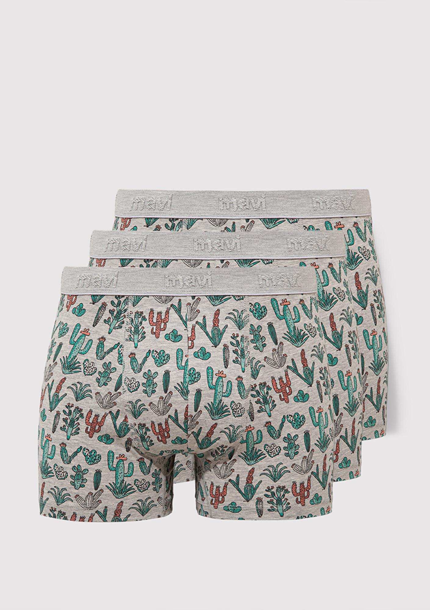 Mavi 3lü Kaktüs Baskılı Gri Boxer 0912212-23854