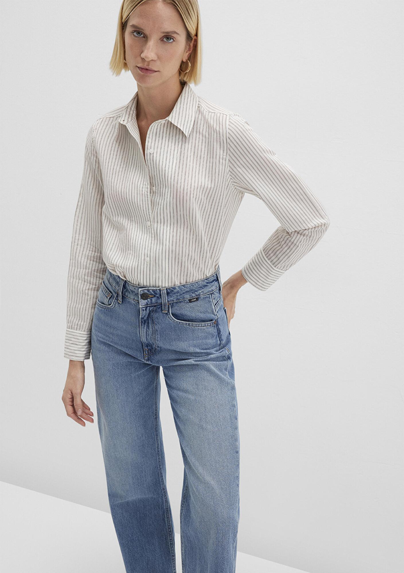 Mavi Çizgili Ekru Gömlek Regular Fit / Normal Kesim 1211353-91345