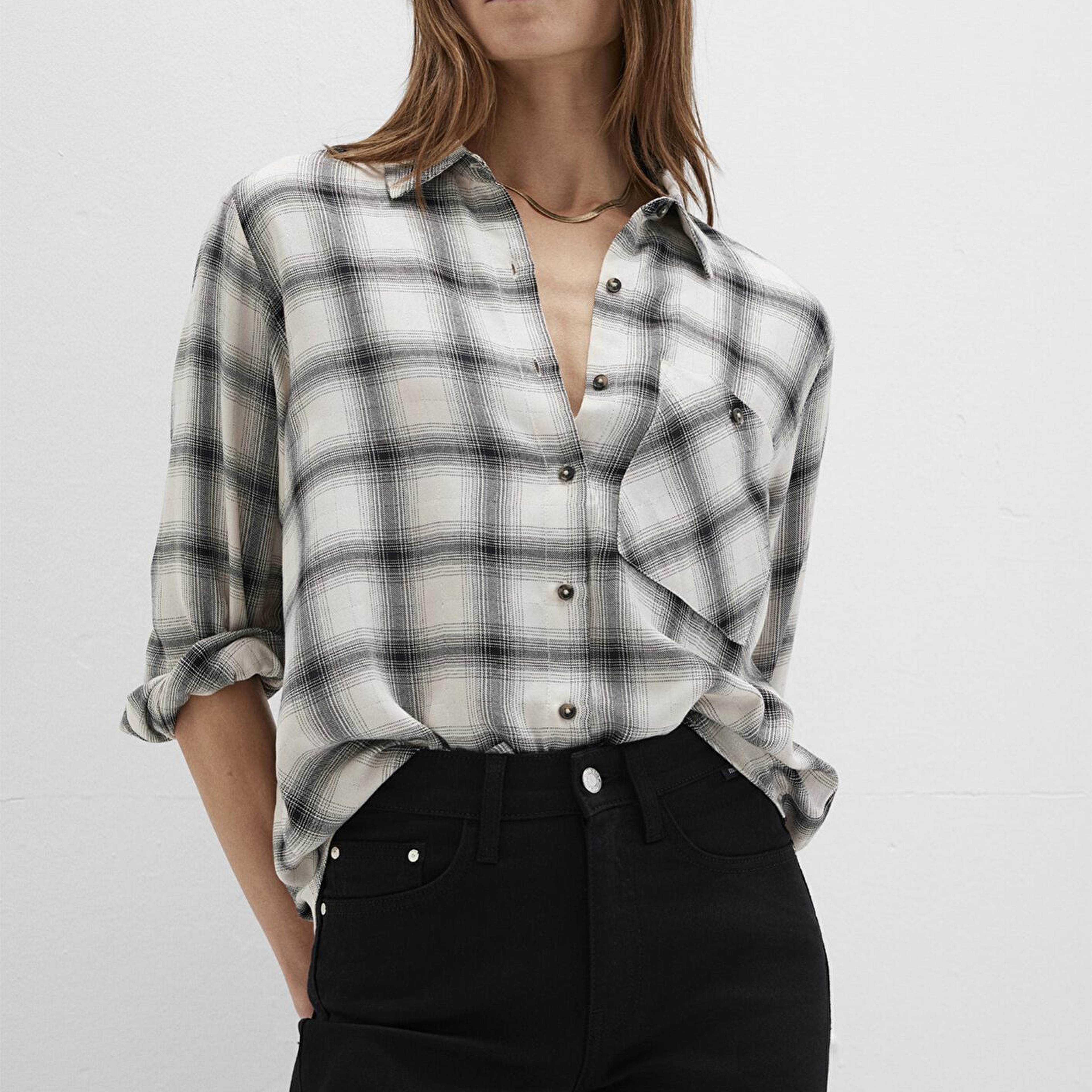 Mavi Kareli Bej Gömlek Loose Fit / Bol Rahat Kesim 1211282-80933