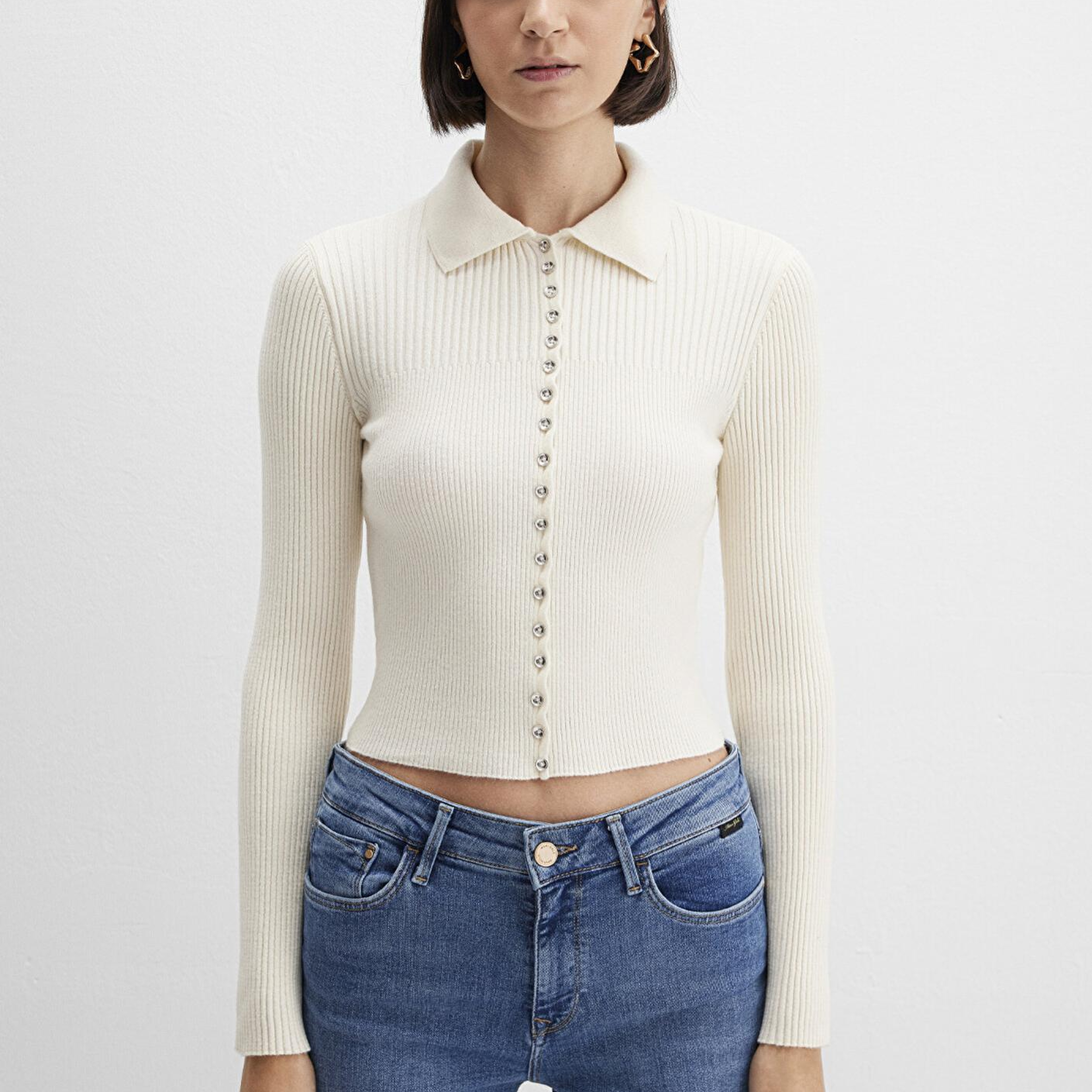 Mavi Düğmeli Ekru Triko Polo 1710787-80194