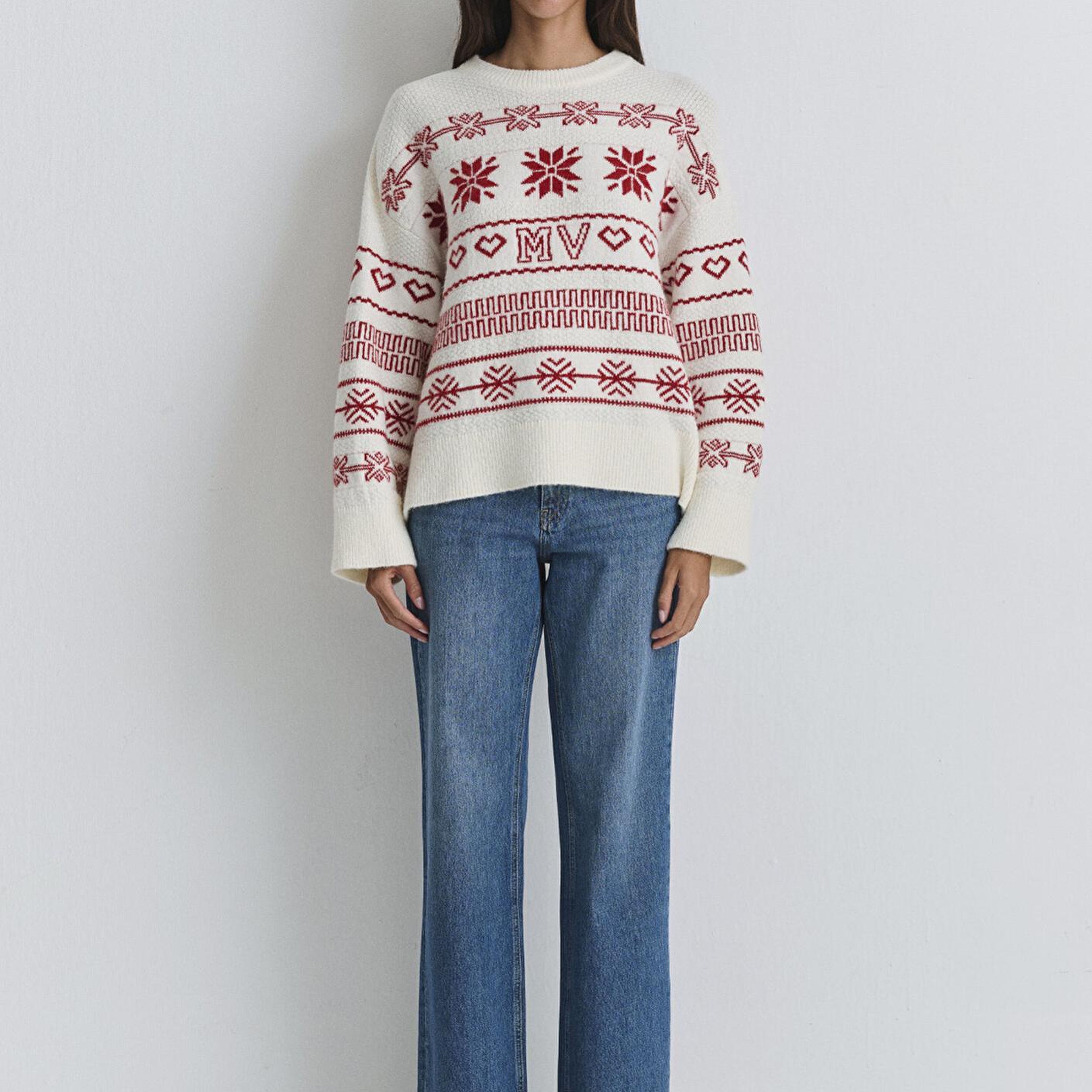 Mavi Yılbaşı Temalı Ekru Kazak Oversize / Geniş Kesim 1710804-70057