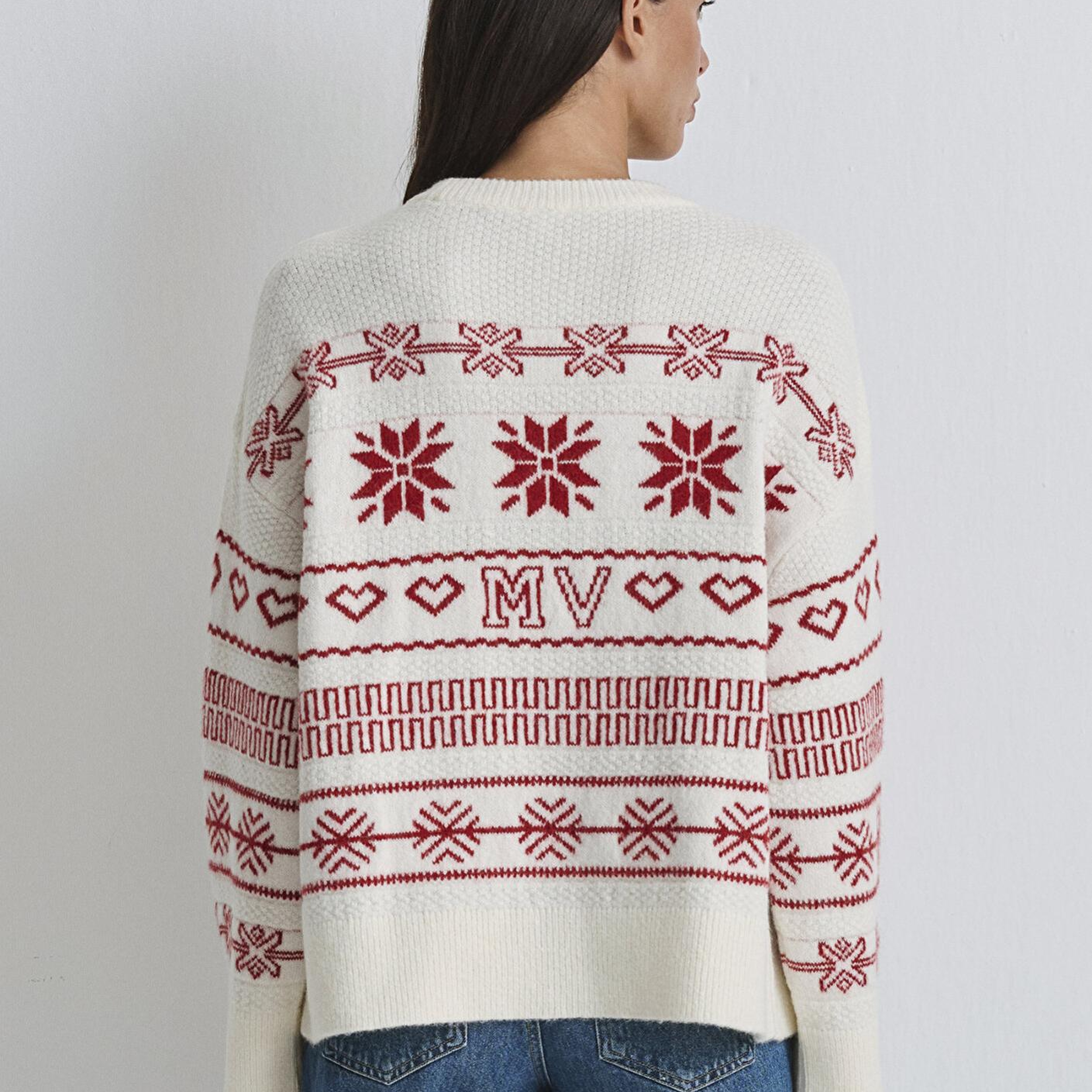 Mavi Yılbaşı Temalı Ekru Kazak Oversize / Geniş Kesim 1710804-70057