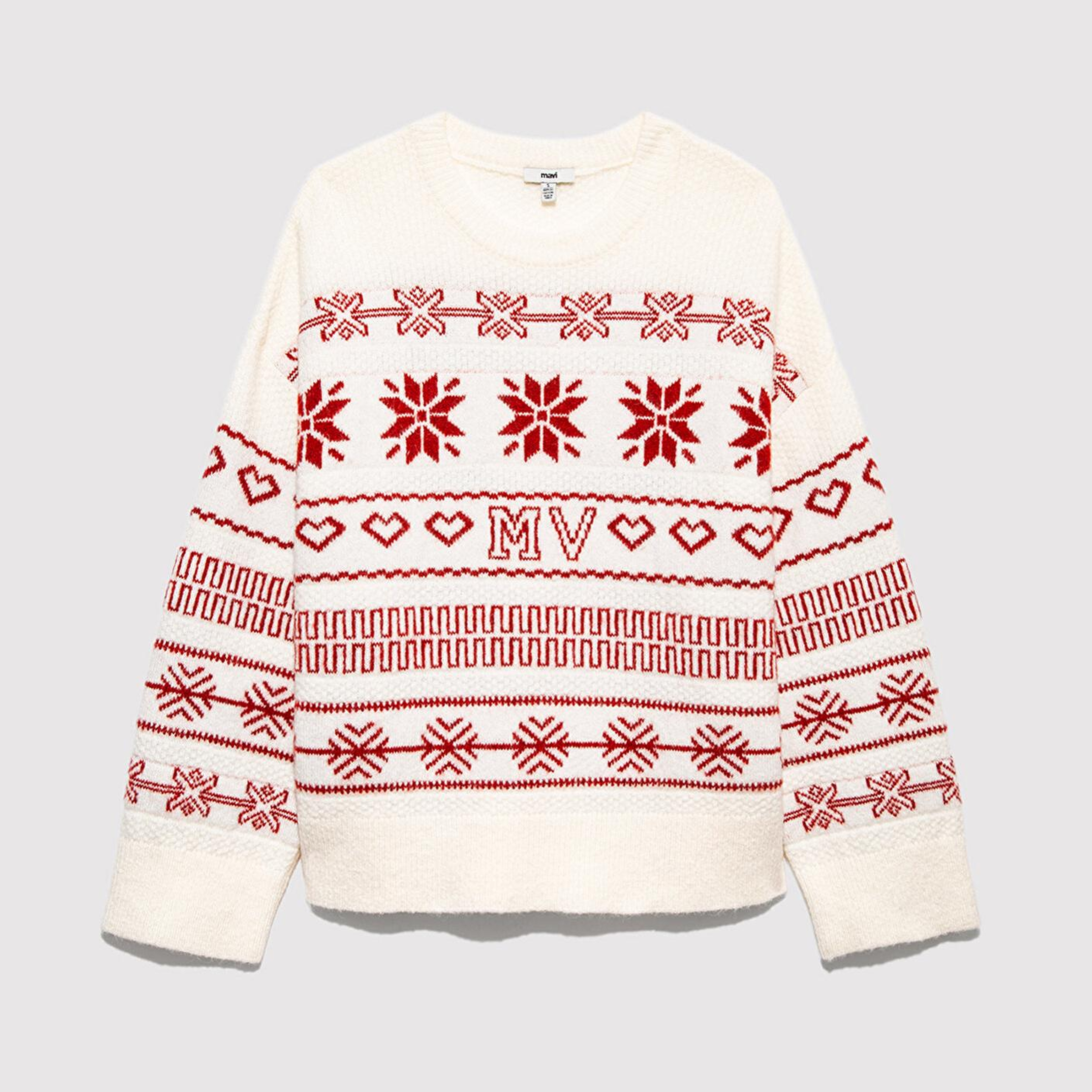 Mavi Yılbaşı Temalı Ekru Kazak Oversize / Geniş Kesim 1710804-70057