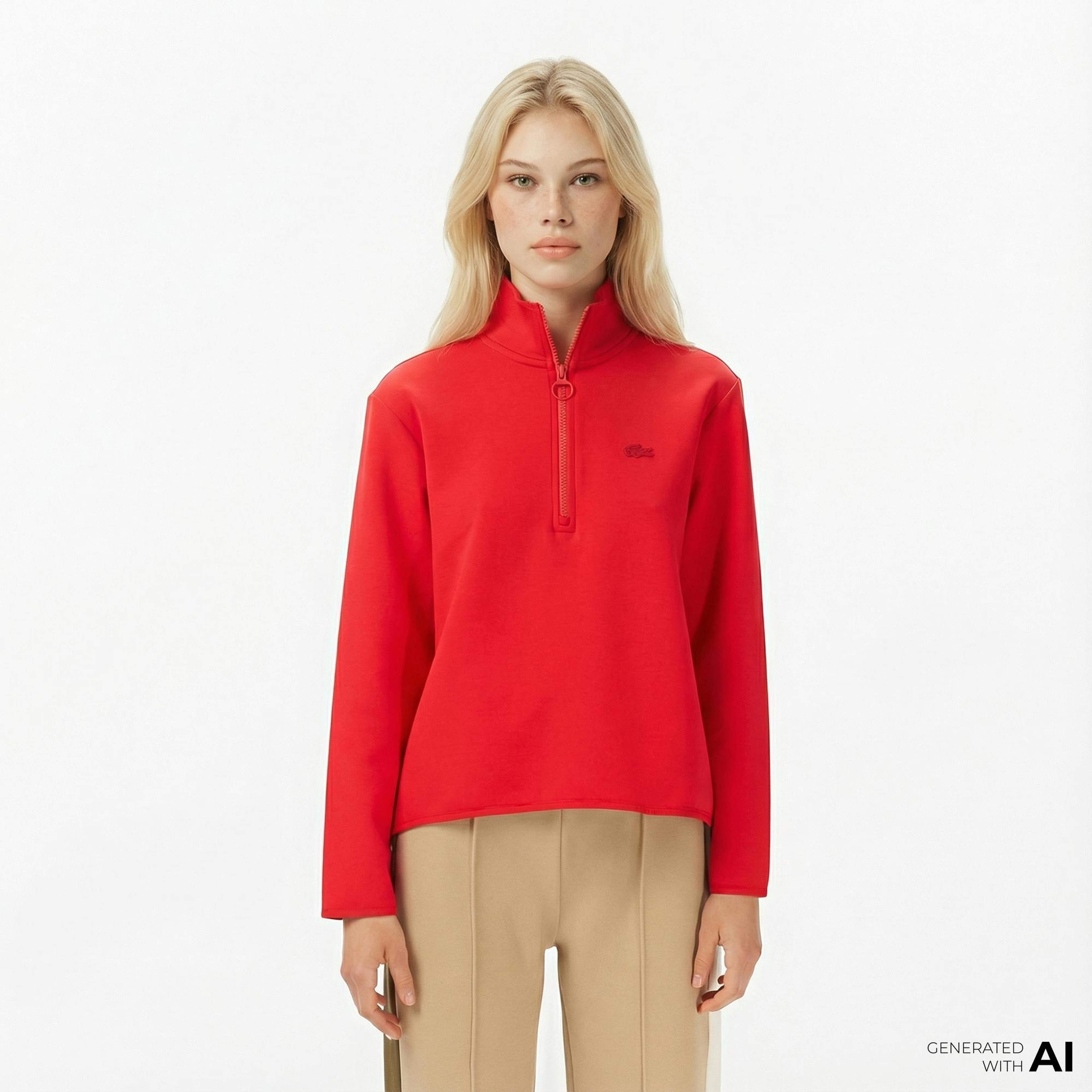 Lacoste Kadın Regular Fit Yarım Fermuarlı Kırmızı Sweatshirt