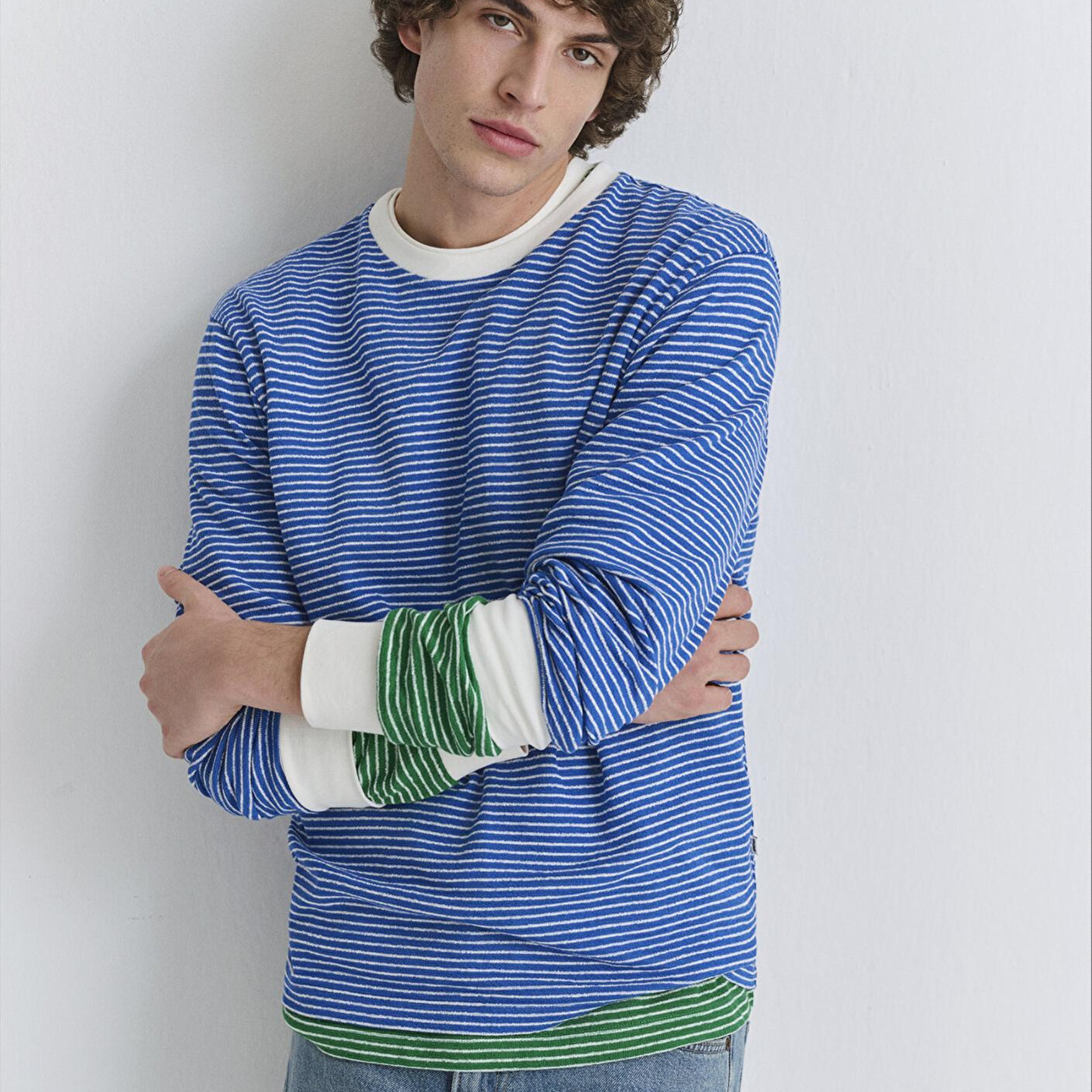 Mavi Çizgili Mavi Tişört Loose Fit / Bol Rahat Kesim 0613038-81330