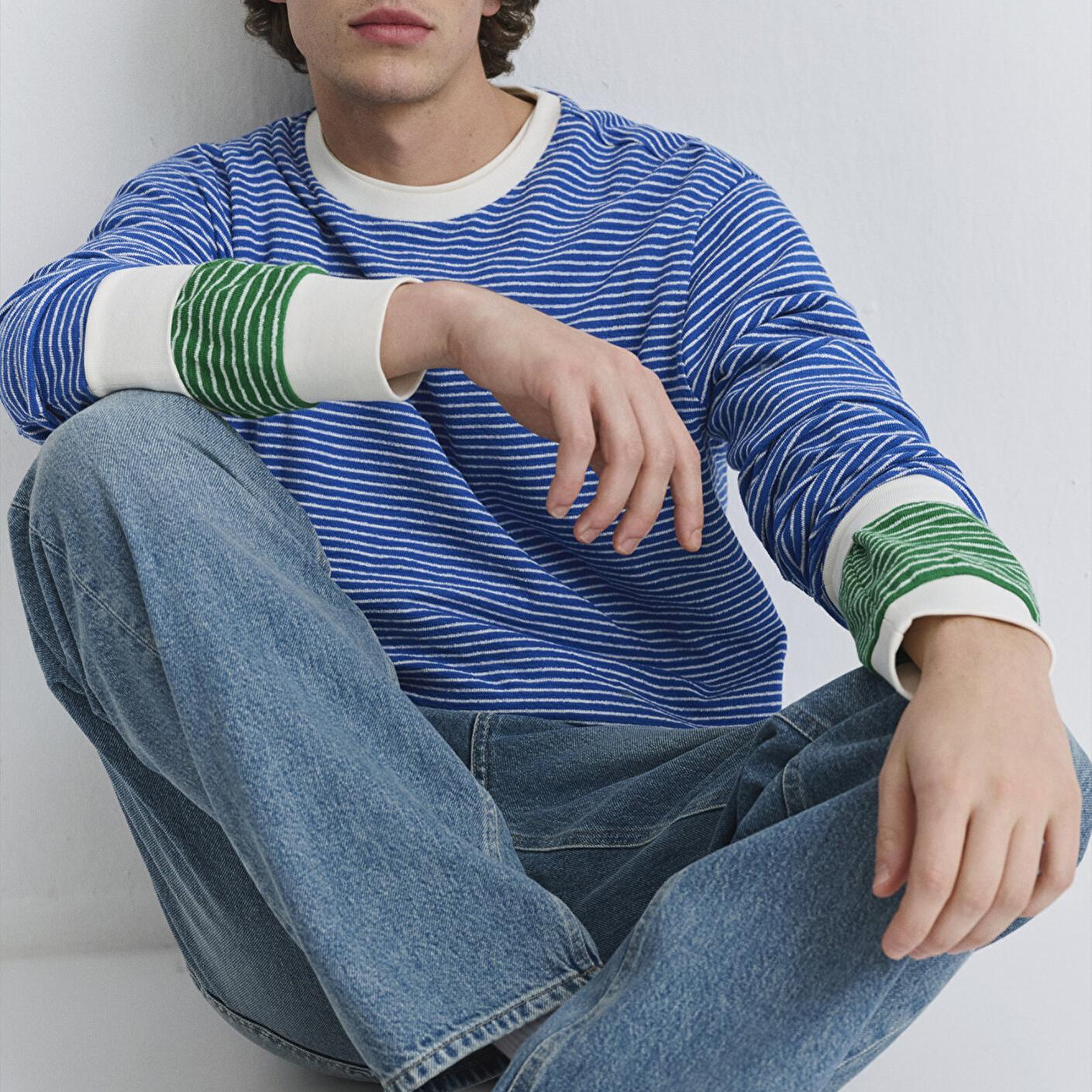 Mavi Çizgili Mavi Tişört Loose Fit / Bol Rahat Kesim 0613038-81330
