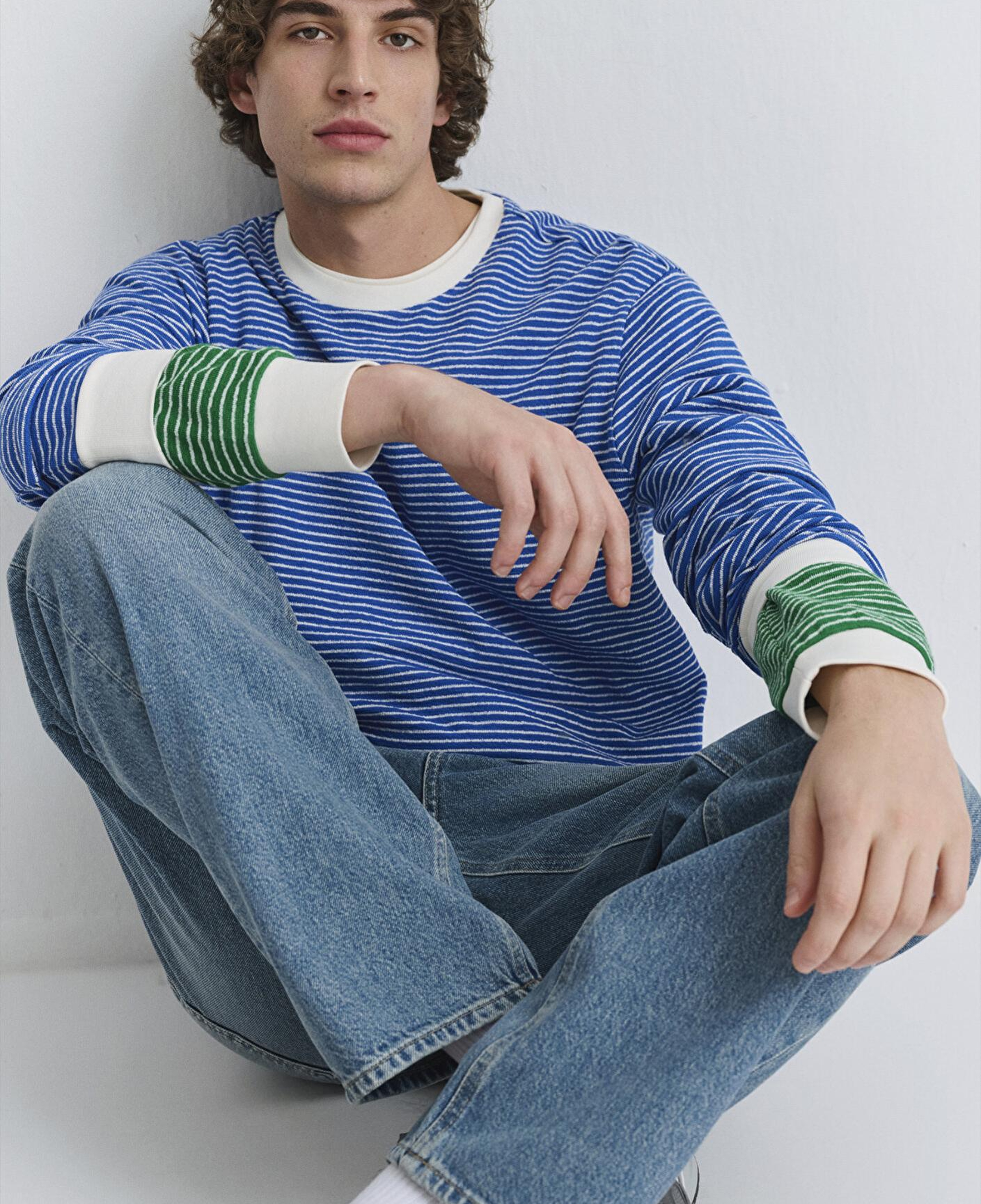 Mavi Çizgili Mavi Tişört Loose Fit / Bol Rahat Kesim 0613038-81330