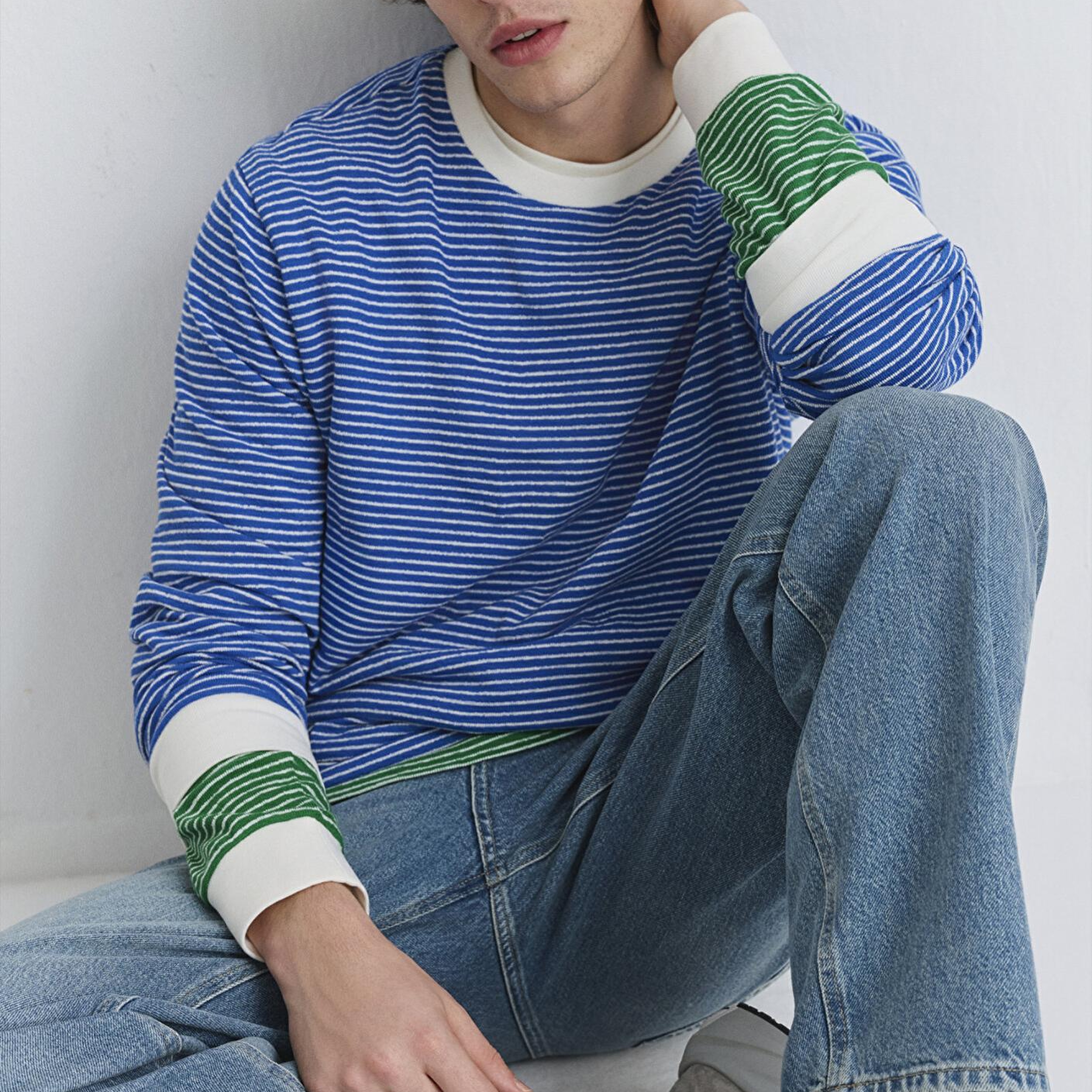 Mavi Çizgili Mavi Tişört Loose Fit / Bol Rahat Kesim 0613038-81330