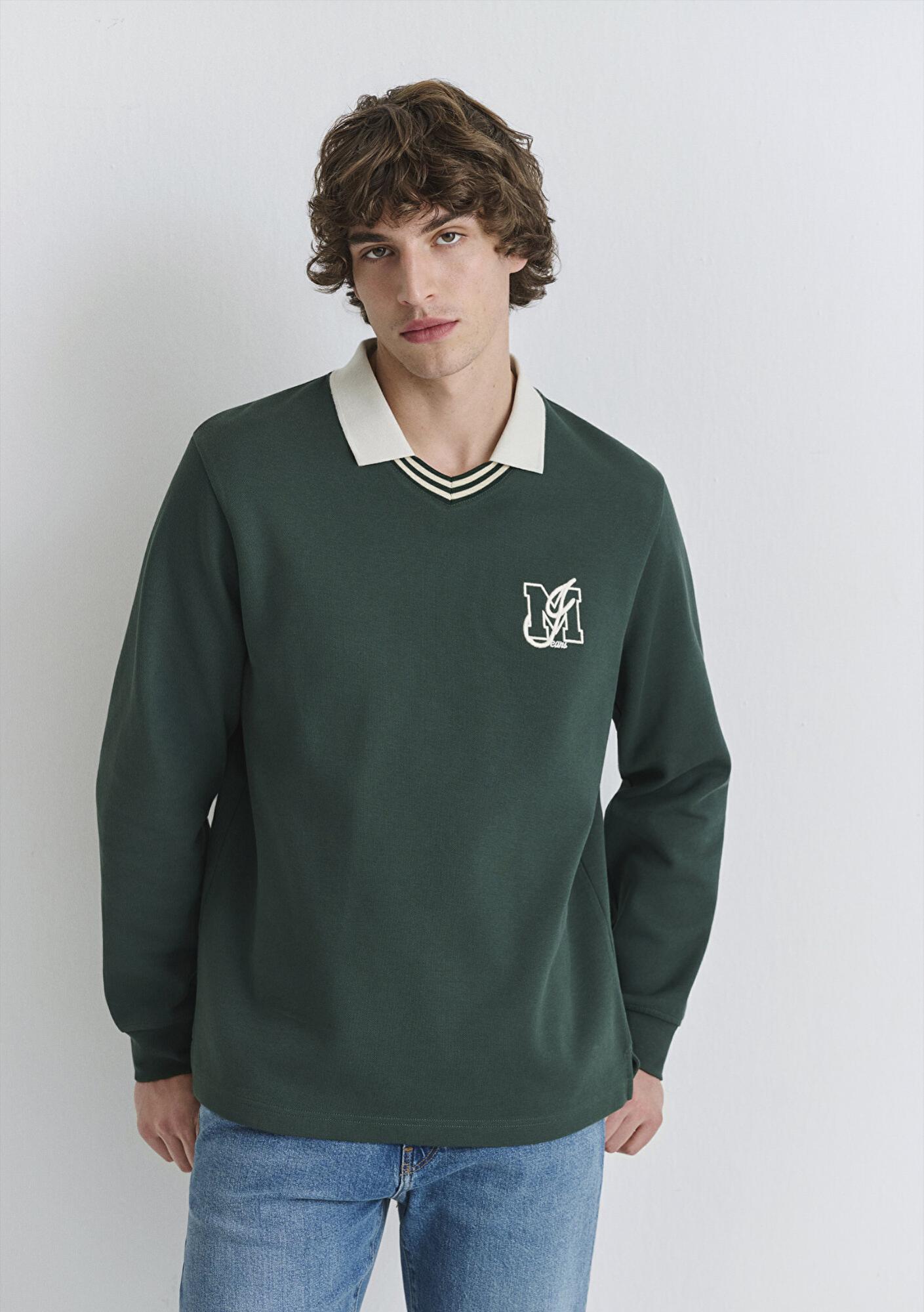 Mavi M Logo Polo Yaka Yeşil İnterlok Sweatshirt 0S10487-71539