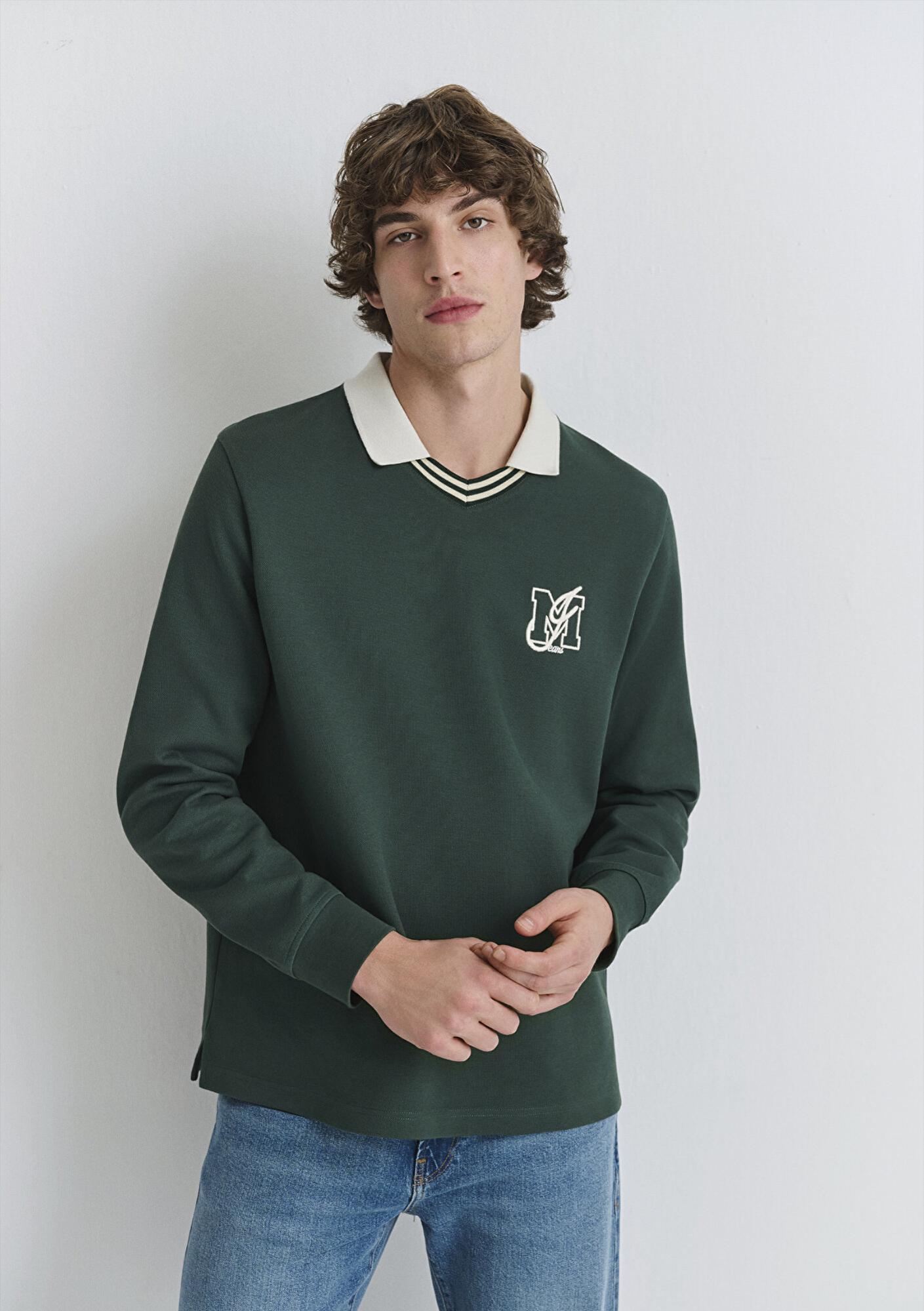 Mavi M Logo Polo Yaka Yeşil İnterlok Sweatshirt 0S10487-71539