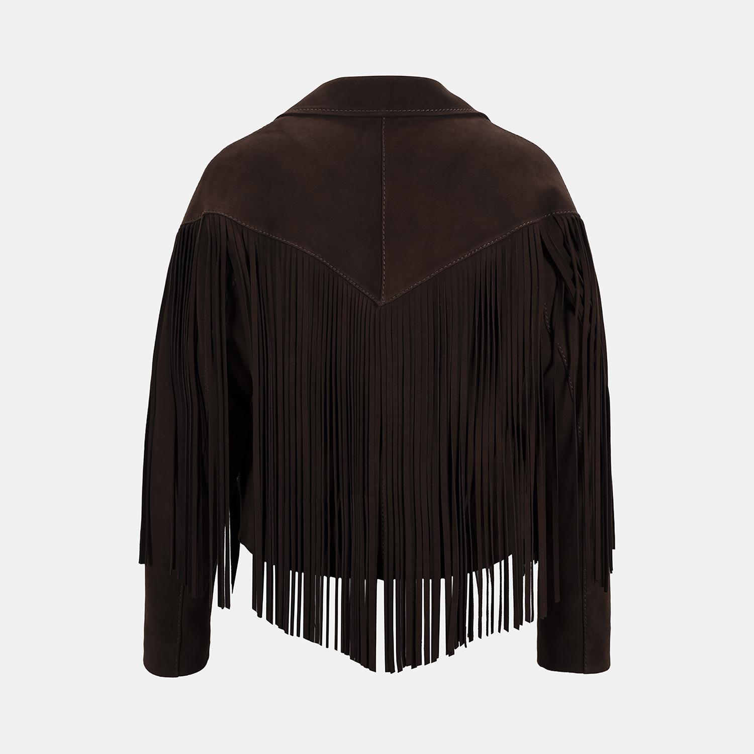 Kadın Koyu Kahve Yakalı Püskül Detaylı Kısa Süet Ceket