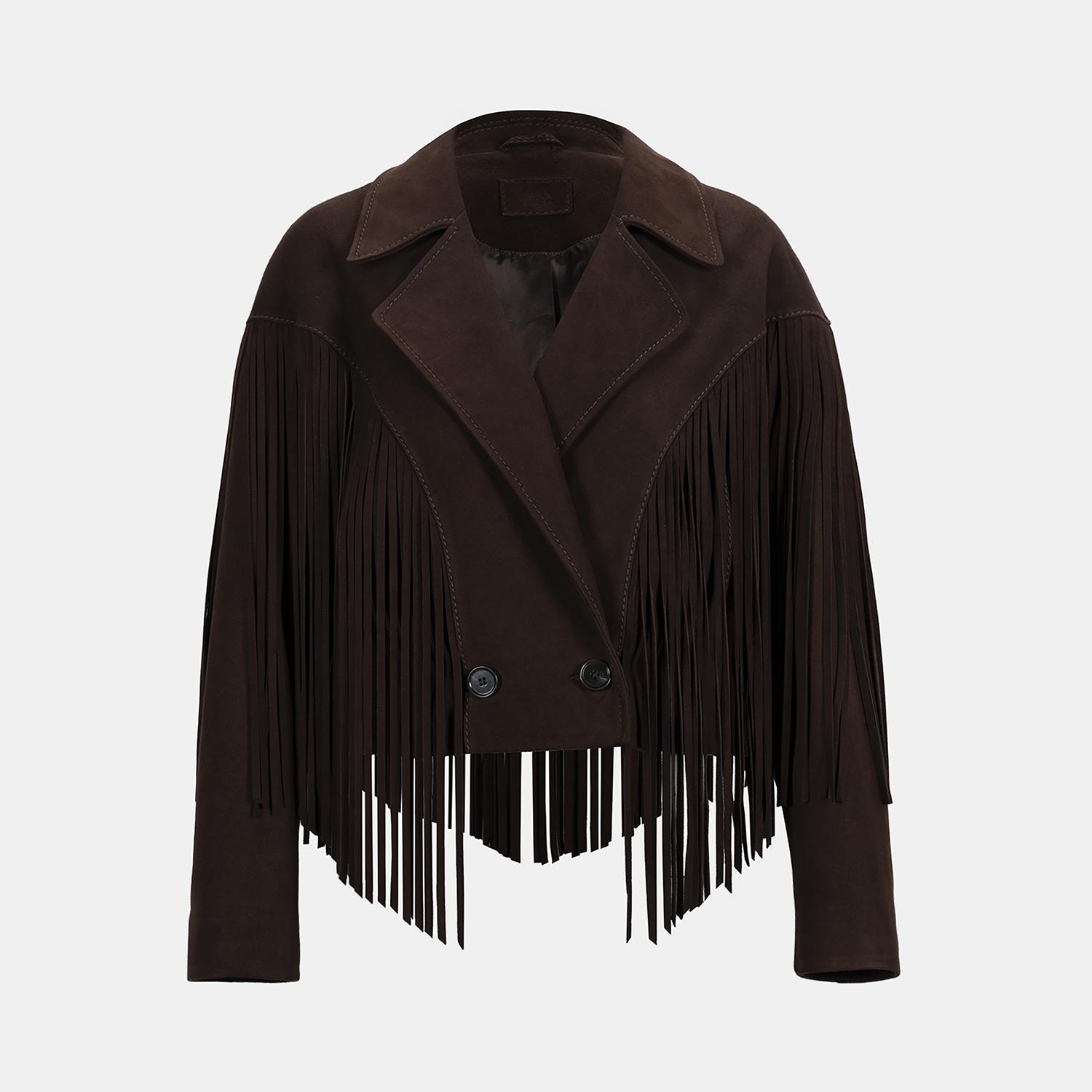 Kadın Koyu Kahve Yakalı Püskül Detaylı Kısa Süet Ceket