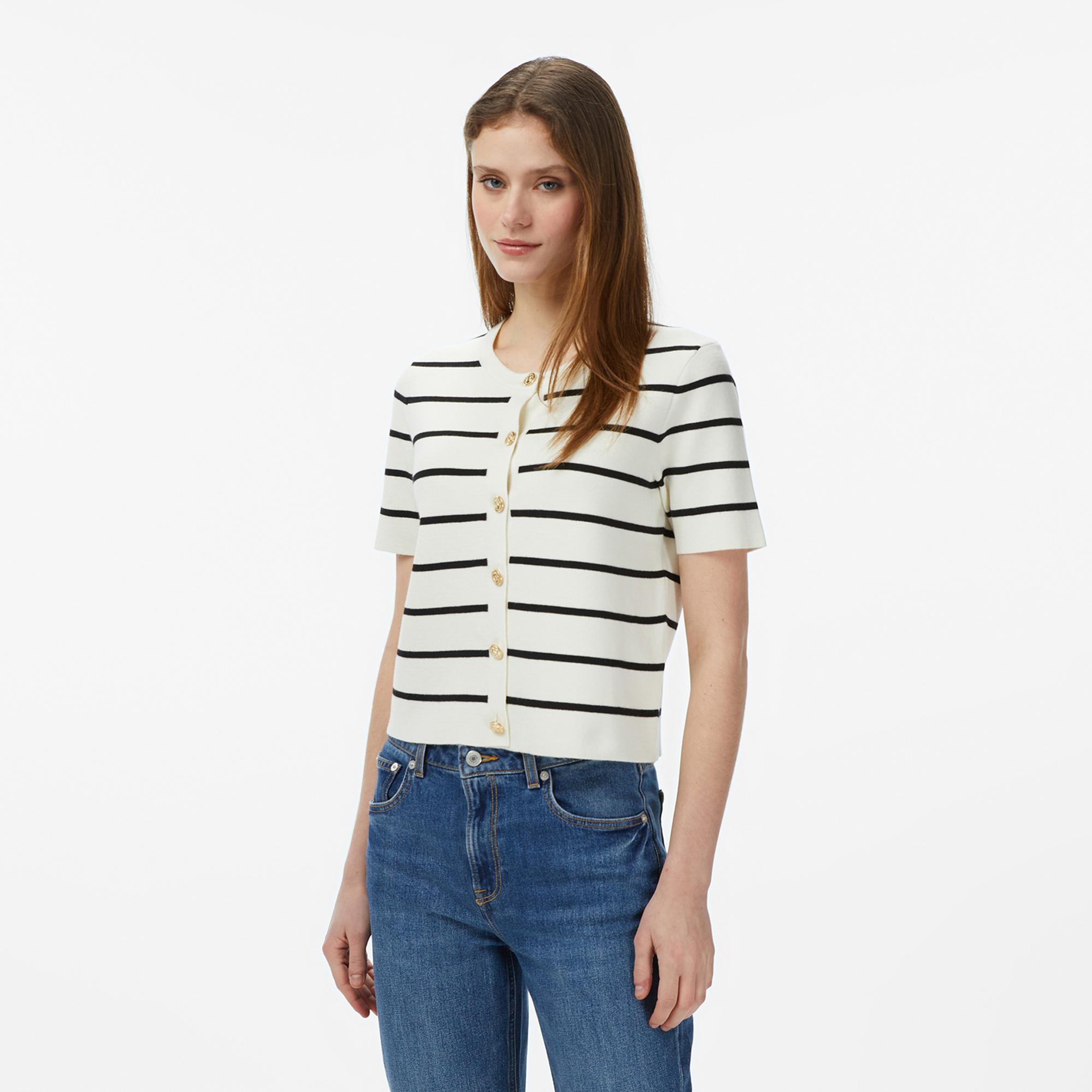 Nautica Kadın Krem Slim Fit Kısa Kollu Çizgili Triko Hırka