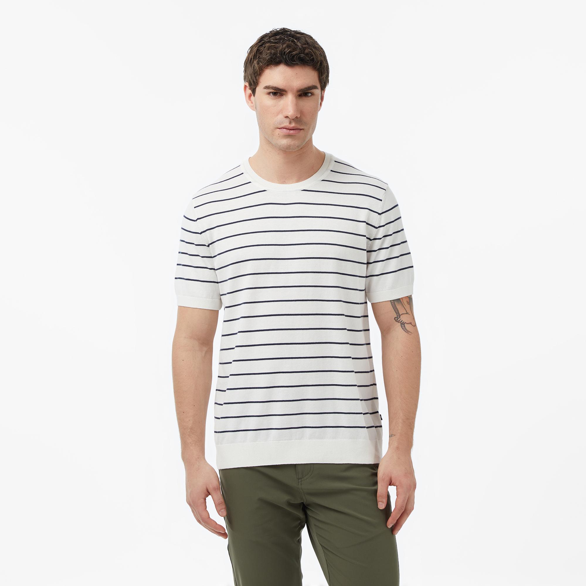 Nautica Erkek Krem Regular Fit Kısa Kollu Çizgili Triko