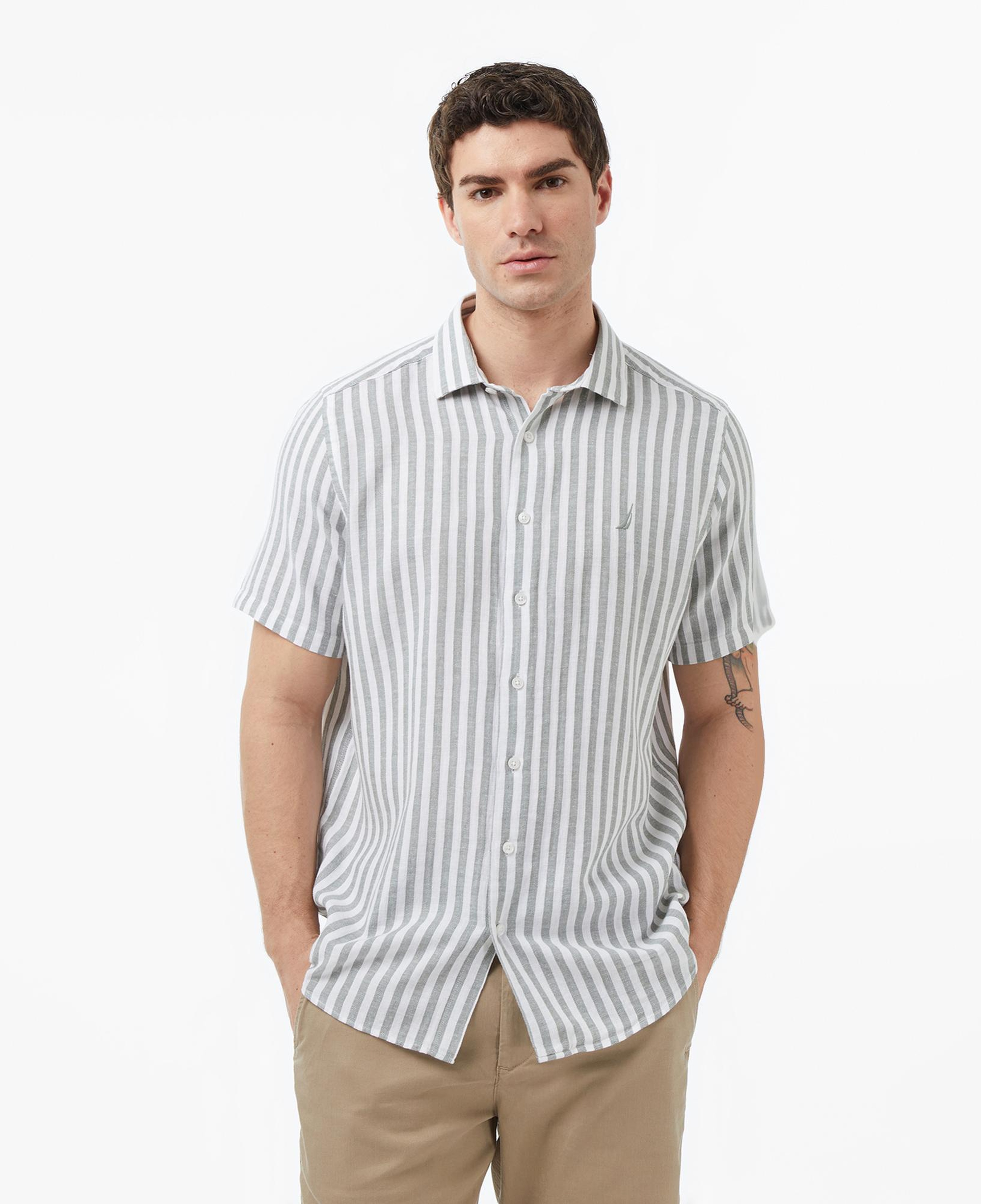 Nautica Erkek Yeşil Regular Fit Kısa Kollu Çizgili Gömlek