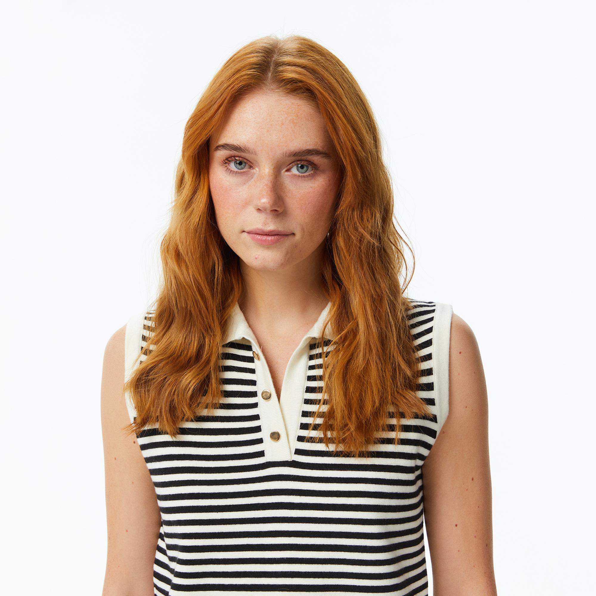 Nautica Kadın Krem Regular Fit Kolsuz Çizgili Polo Yaka T-Shirt