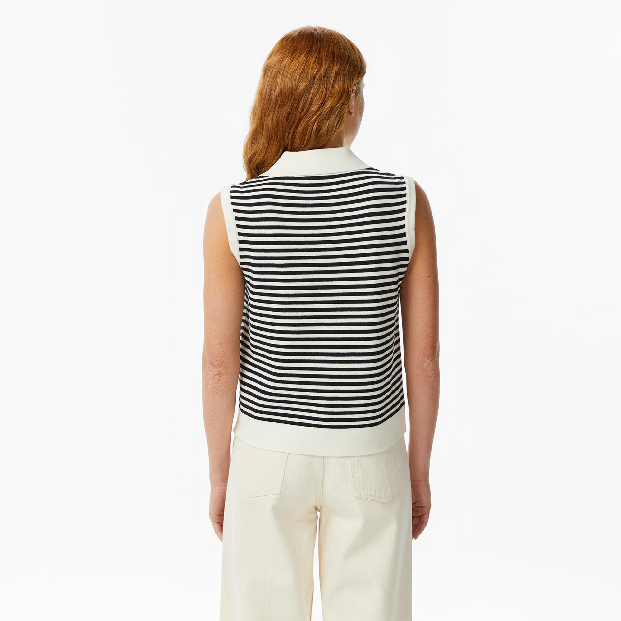 Nautica Kadın Krem Regular Fit Kolsuz Çizgili Polo Yaka T-Shirt