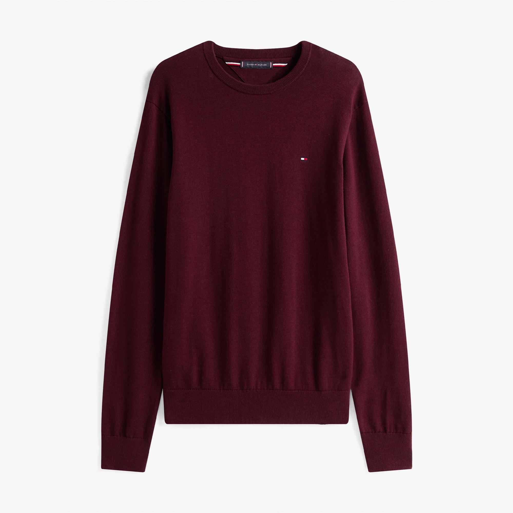 Tommy Hilfiger Essential Cotton Yuvarlak Yaka Erkek Bordo Kazak